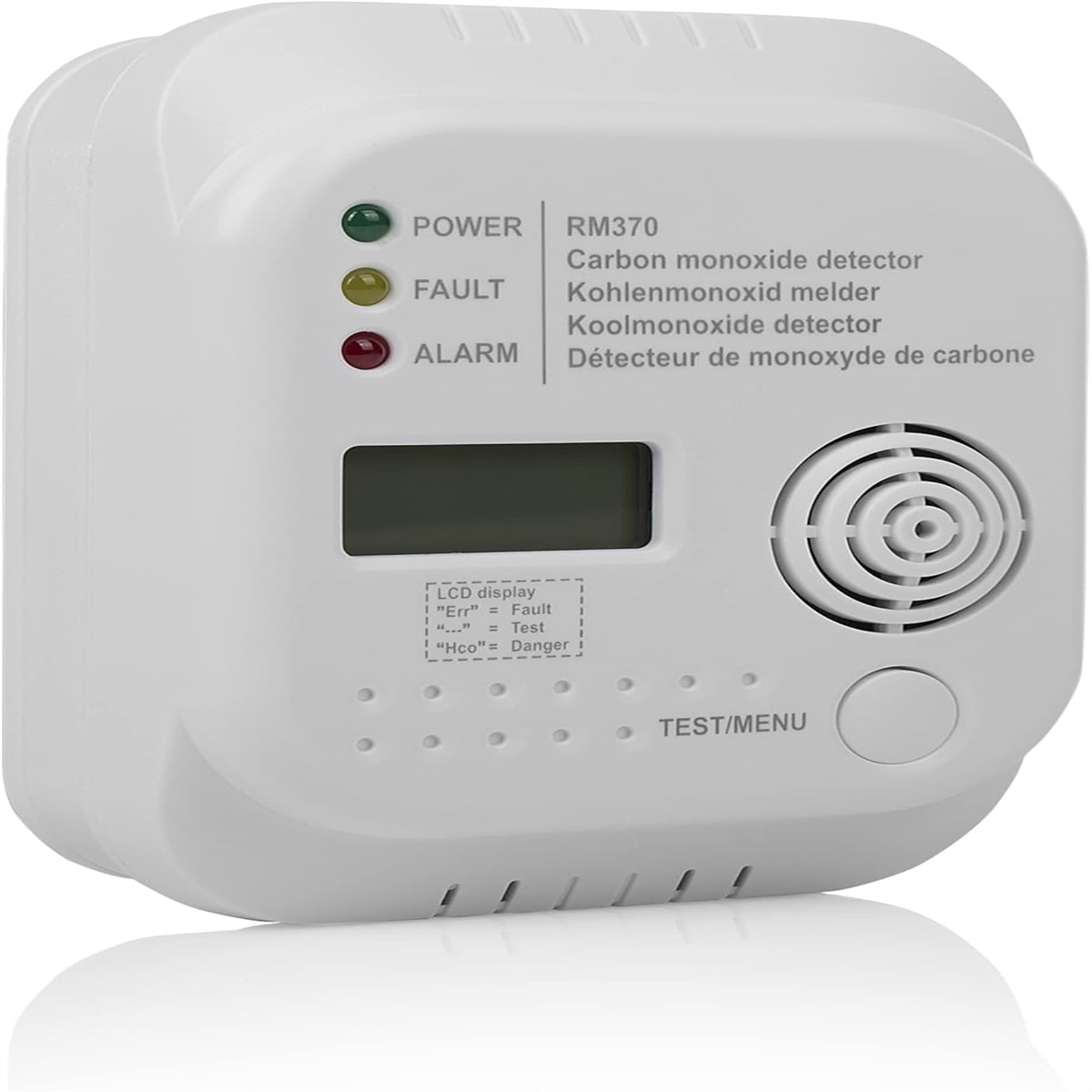 Weißer Kohlenmonoxid-Detektor mit Kontrollleuchten und LCD-Anzeige. Er hat eine Testtaste.