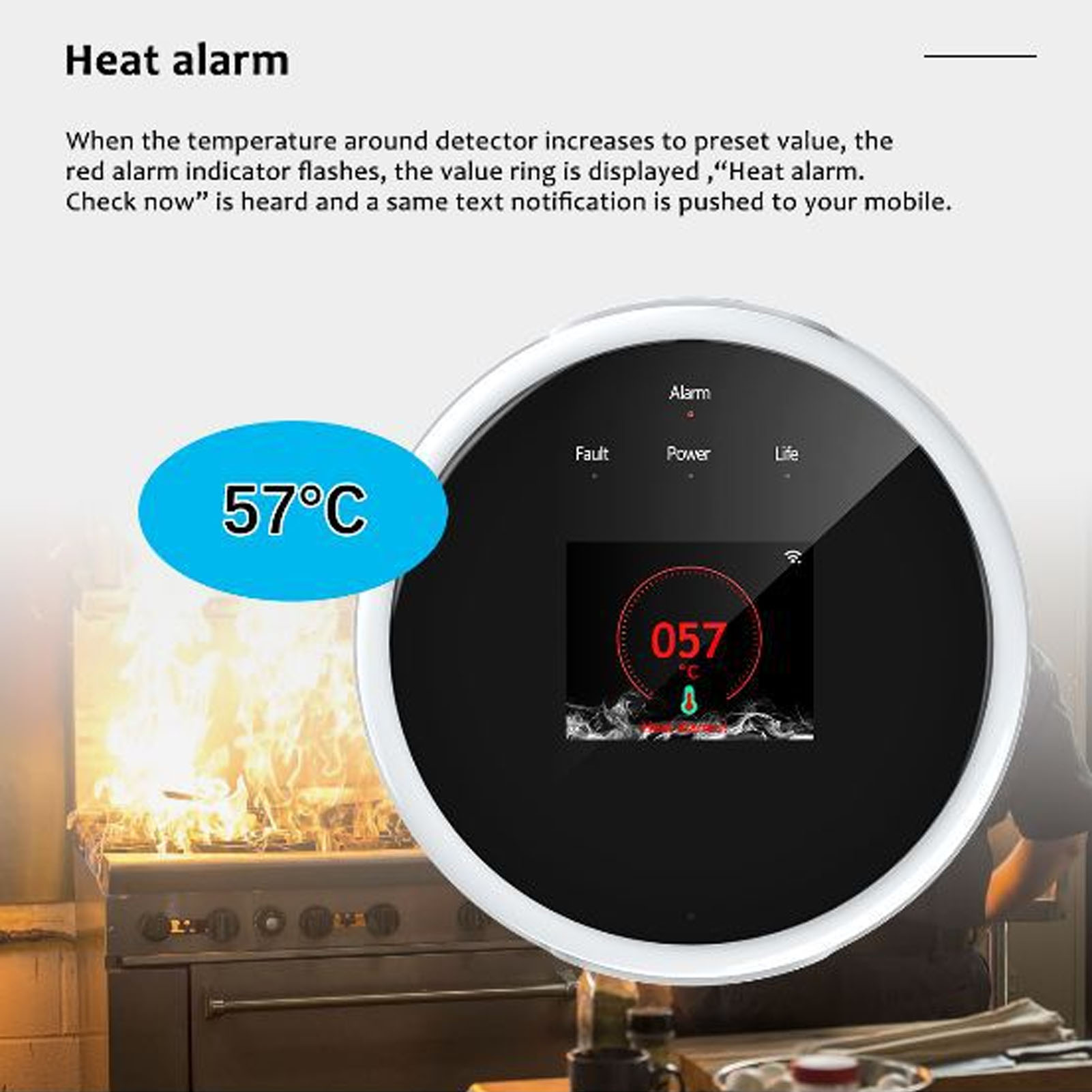 Eine Hitzewarnanzeige, die 57°C anzeigt. Der Alarm befindet sich neben einem Küchenbrand.