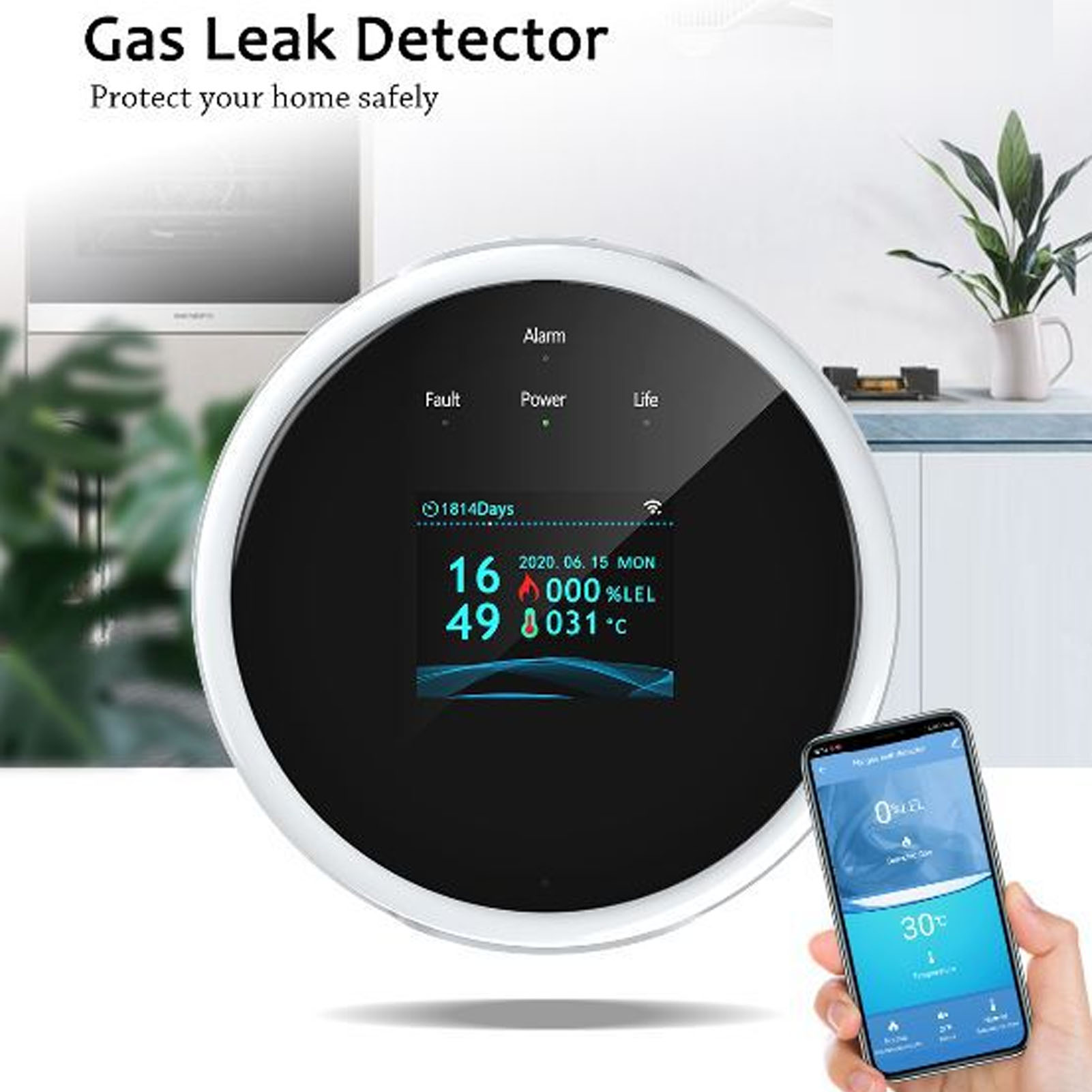 Ein Gasleckdetektor, der den Gaspegel und die Temperatur anzeigt, mit einem Smartphone, das dasselbe anzeigt.