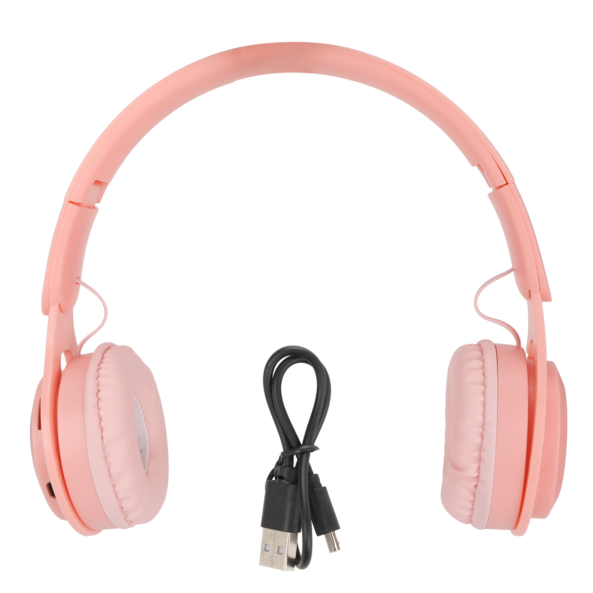 Drahtlose rosa Kopfhörer mit schwarzem Ladekabel. Die Kopfhörer sind offen.