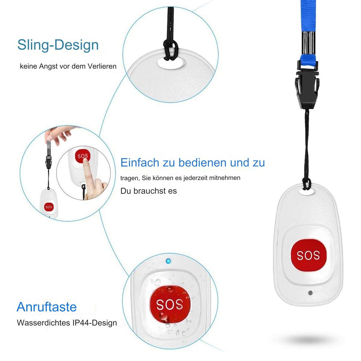 Ein weißer Notfallknopf mit SOS an einem Schlüsselband und eine Nahaufnahme des Knopfes mit Text.
