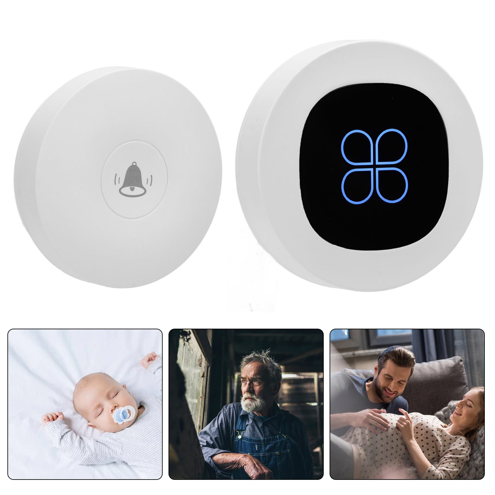Zwei weiße intelligente Türklingeln mit Bildern von Baby und Paar.