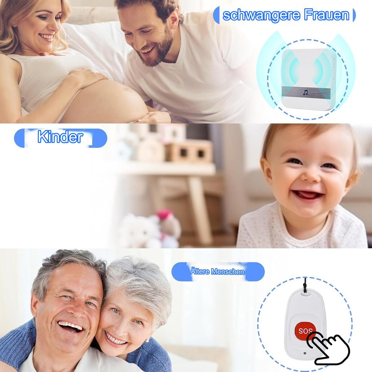 Eine schwangere Frau und ein Mann lächeln, ein Baby lacht und ein älteres Paar lächelt, gezeigt mit Produktsymbolen.