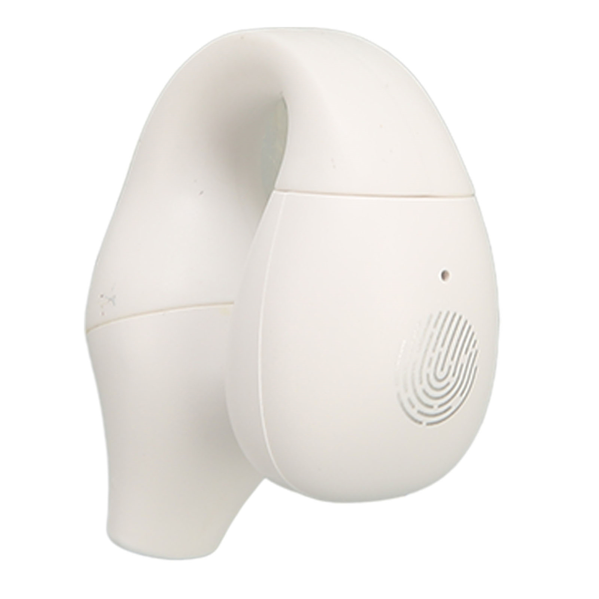 Weißes Gerät mit geschwungener Form. Es hat einen Fingerabdruckleser und einen kleinen Lautsprecher, wahrscheinlich ein Smart Lock.