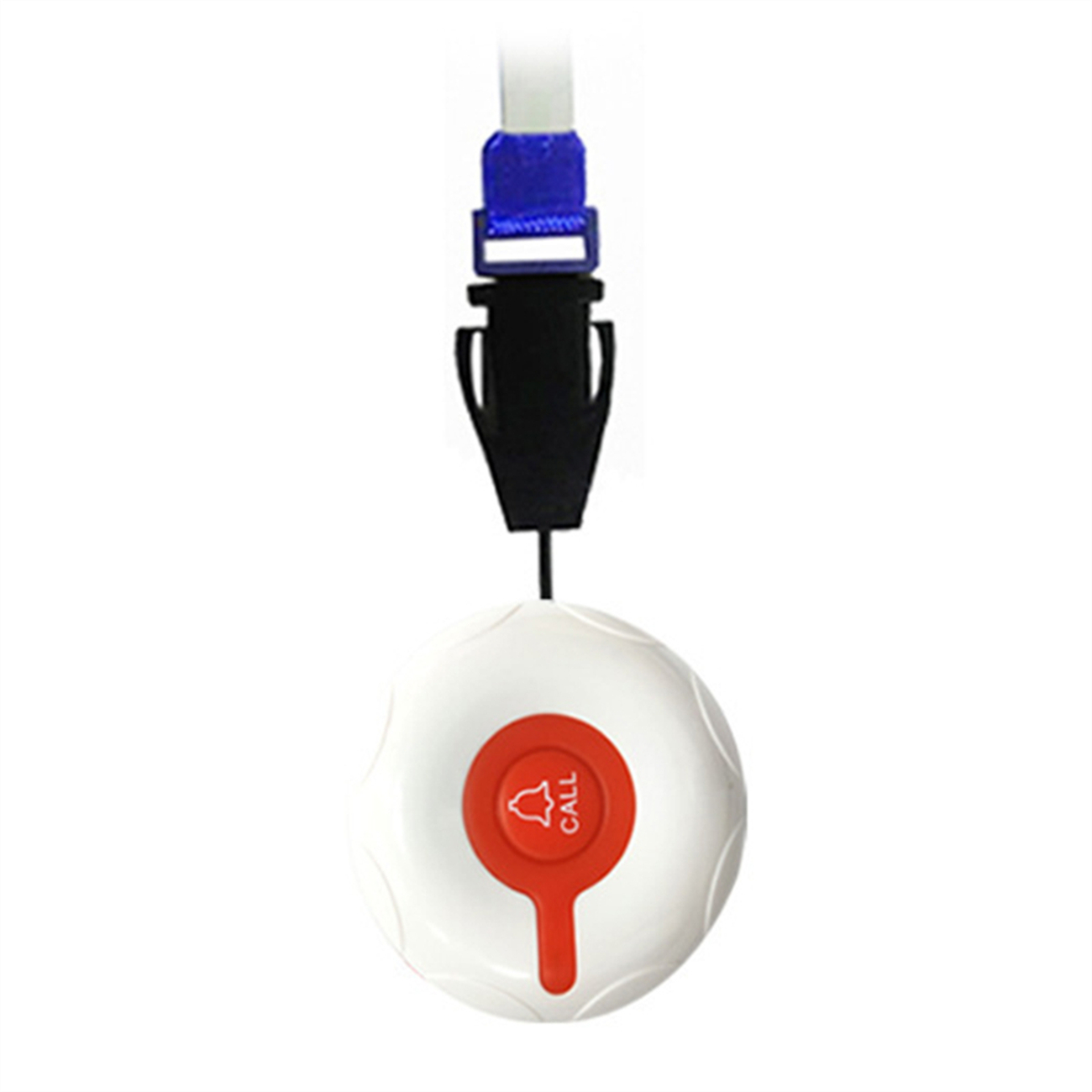 Ein weißer medizinischer Notrufknopf mit rotem Glockensymbol und blauem Schlüsselband.