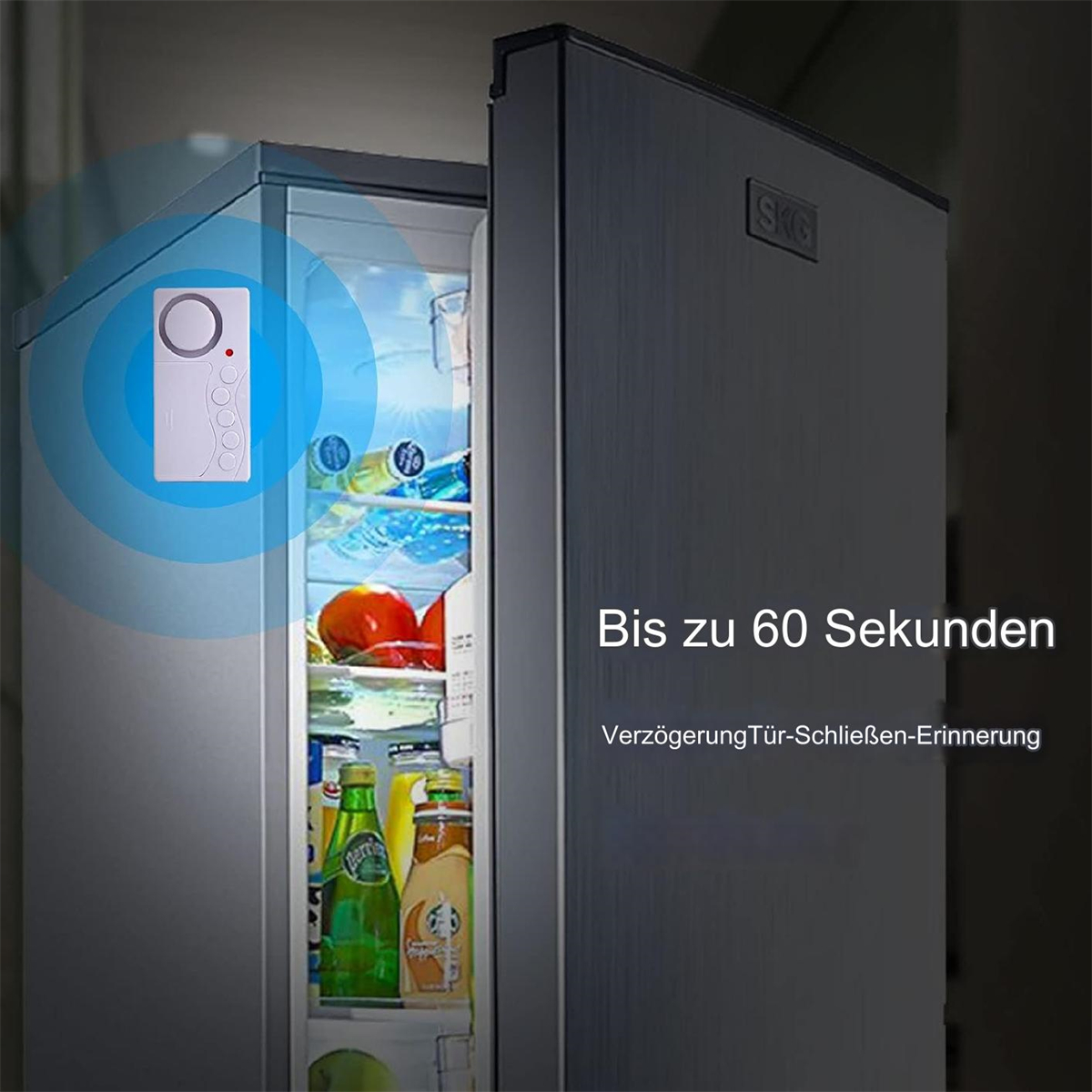 Ein Kühlschrank mit offener Tür. Ein Sensor ist angebracht. Text sagt 'Bis zu 60 Sekunden' als Verzögerungserinnerung.