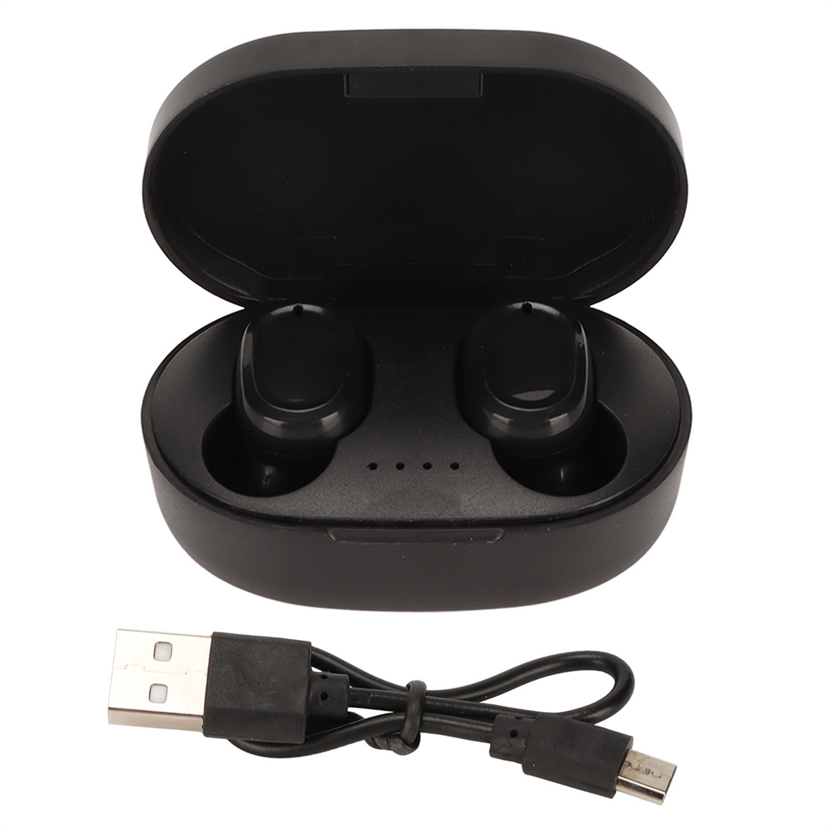 Schwarze Ohrhörer in einem Etui, USB-Kabel. Hintergrund: Weiße Oberfläche.