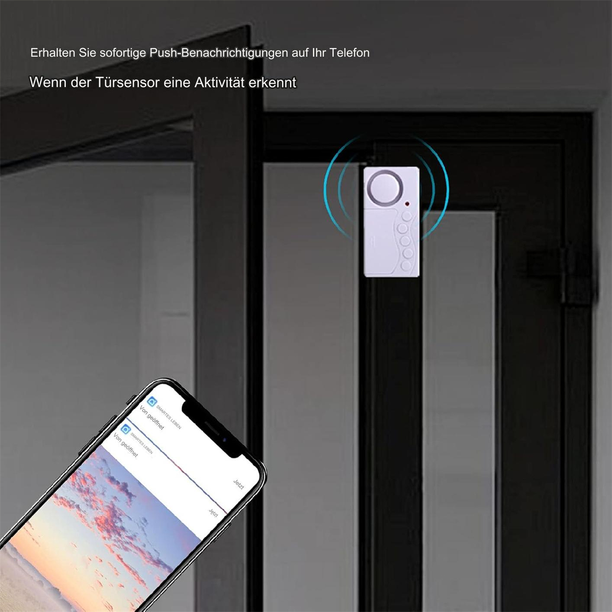 Ein Smartphone und ein Türsensor mit Text über Push-Benachrichtigungen.