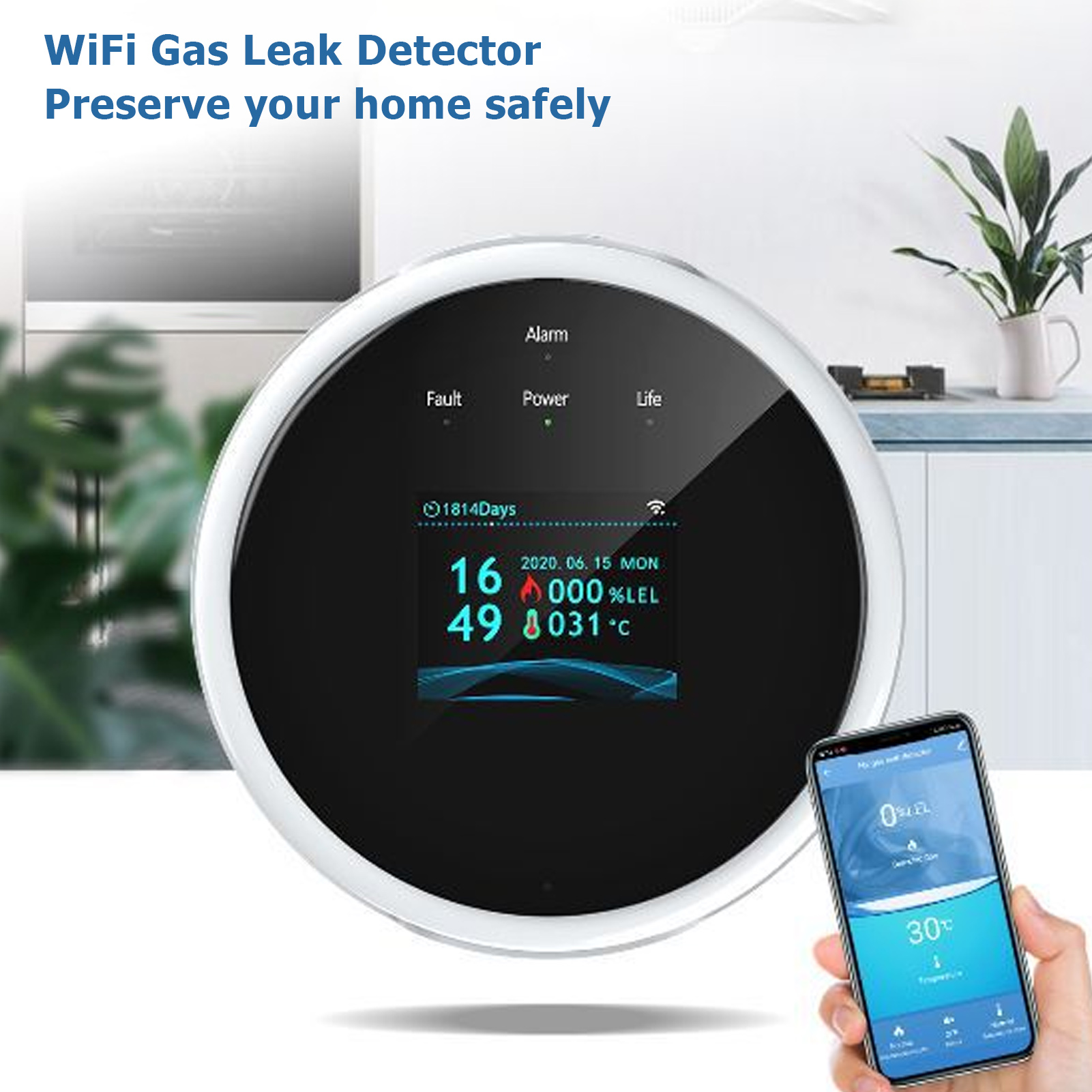 Ein WLAN-Gasleckdetektor mit digitaler Anzeige, die Daten anzeigt, mit einem Telefon, das dieselben Daten anzeigt.