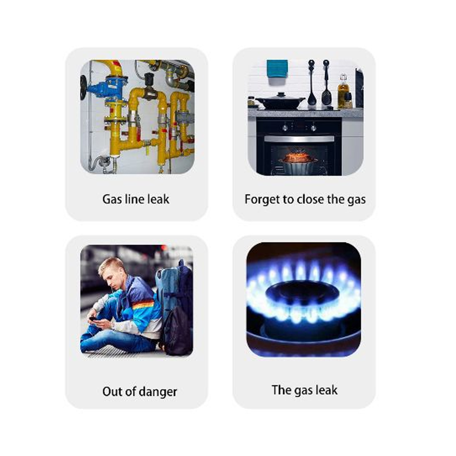 Vier Bilder, die Gas-Sicherheitsprobleme zeigen: Gasleck, Vergessen, Gas zu schließen, außer Gefahr und Gasleck.
