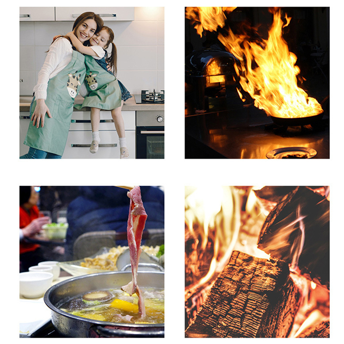 Vier Bilder: Mutter umarmt Kind, Flammen in einer Pfanne, Kochtopf und brennendes Holz.