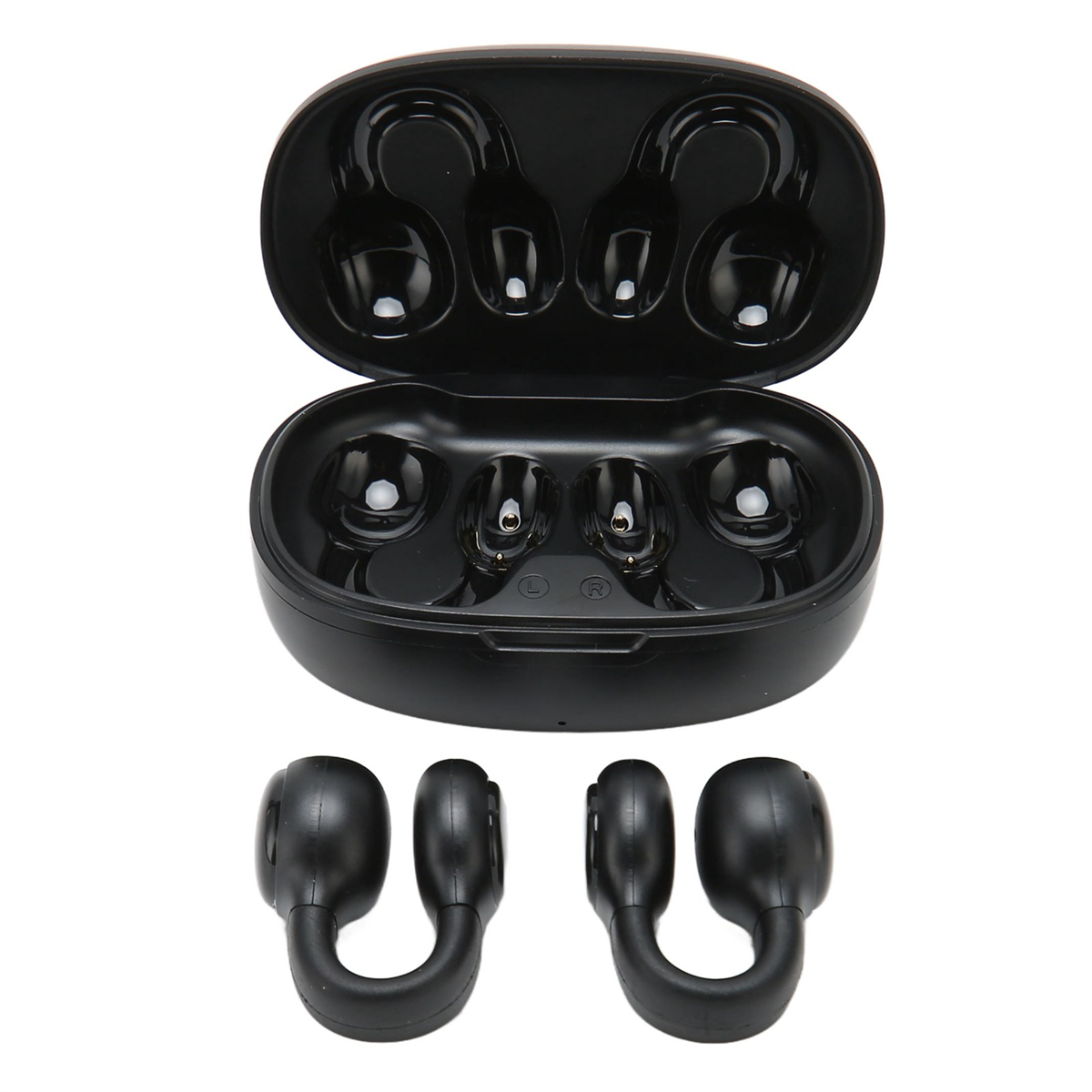 Schwarze In-Ear-Kopfhörer und ihr Etui. Separate schwarze Ohrstücke.