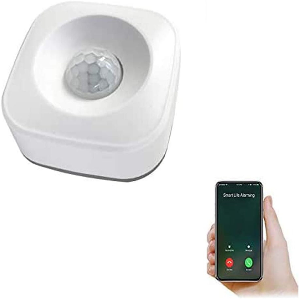 Ein weißer Bewegungssensor neben einem Telefon mit 'Smart Life Alarming' mit Akzeptieren/Ablehnen-Symbolen.