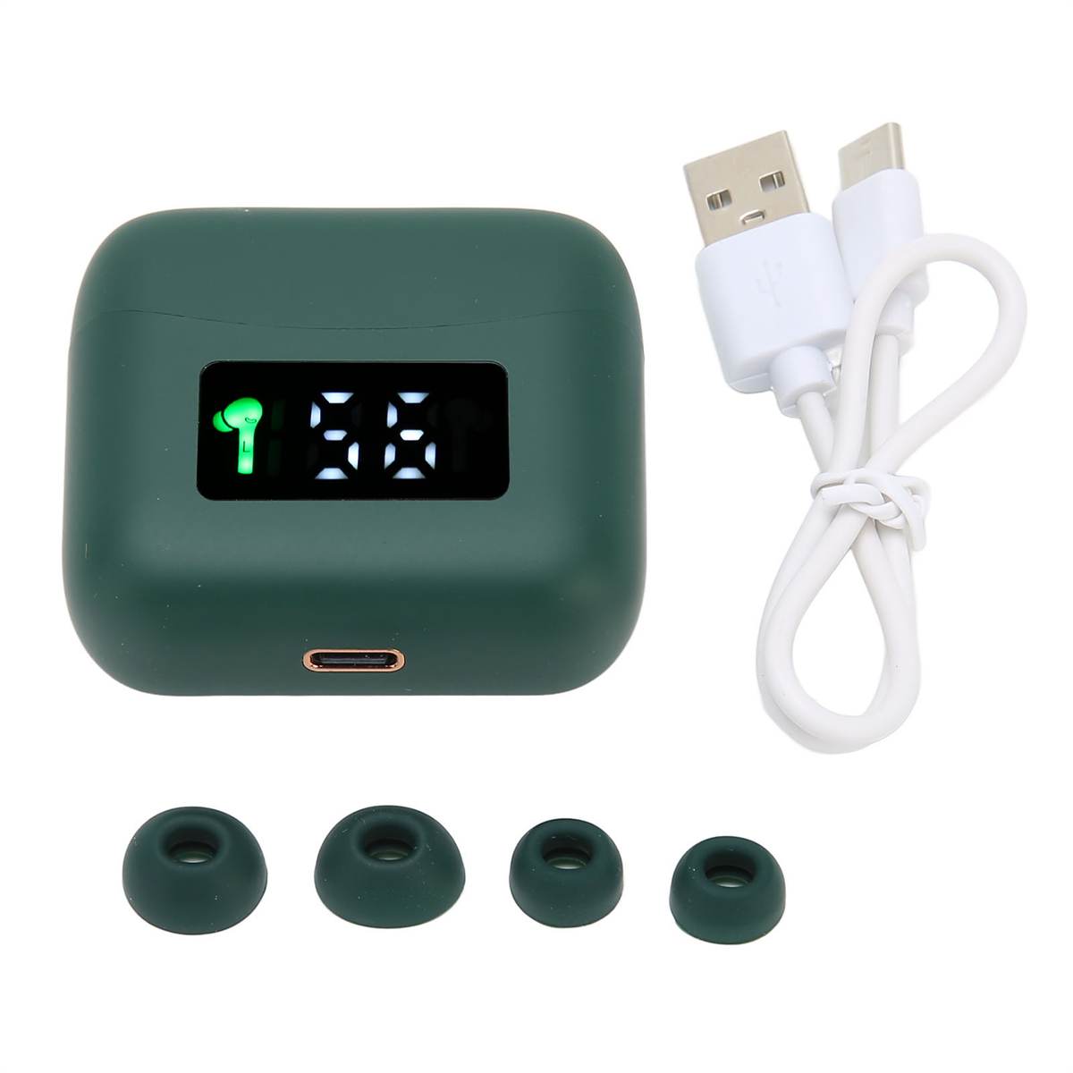 Grünes Ladecase mit digitaler Anzeige '55' und Ohrhörern. USB-Kabel und zusätzliche Ohrspitzen liegen daneben.