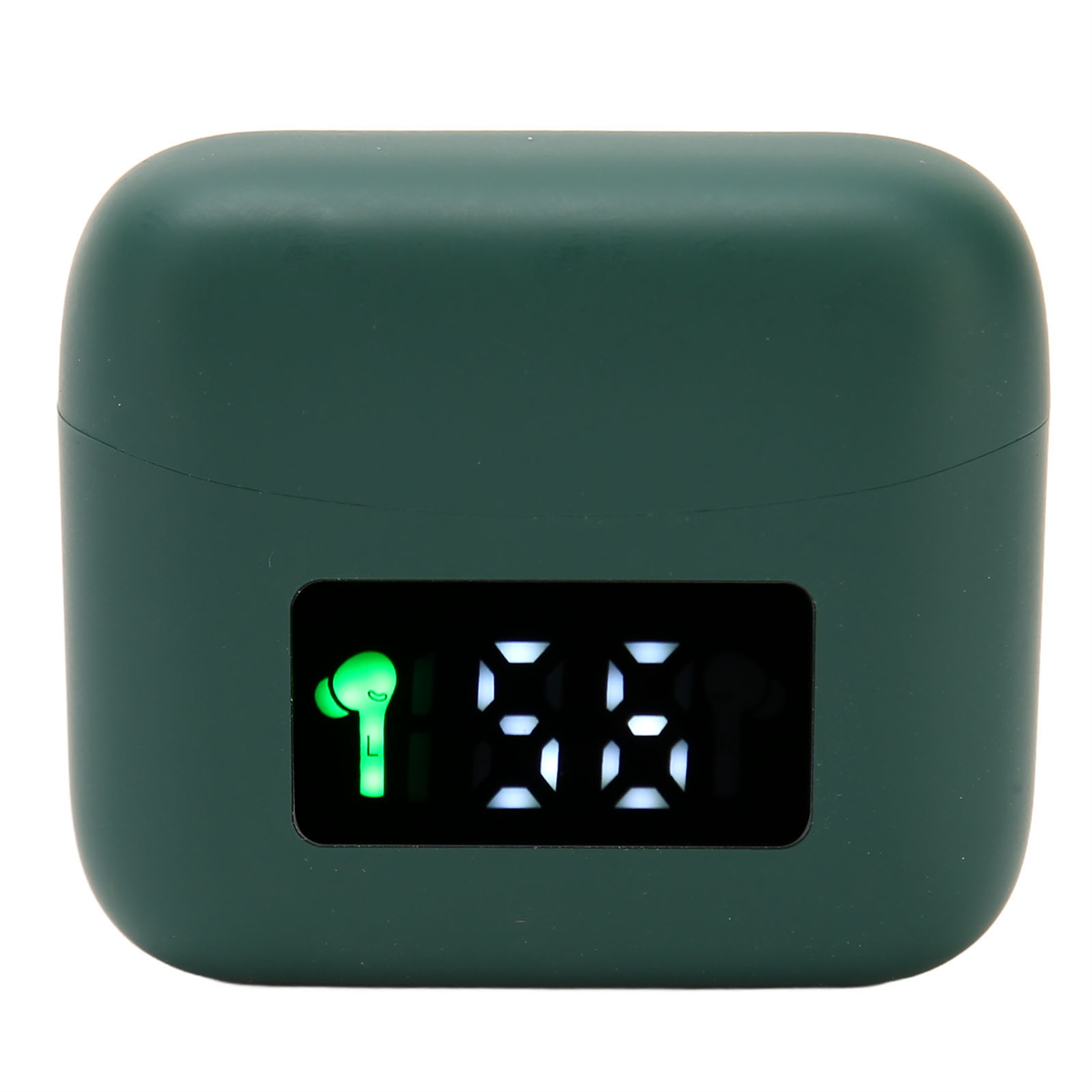 Eine dunkelgrüne Ladehülle für Ohrhörer mit digitaler Anzeige, die ein grünes Ohrhörersymbol und Zahlen zeigt.