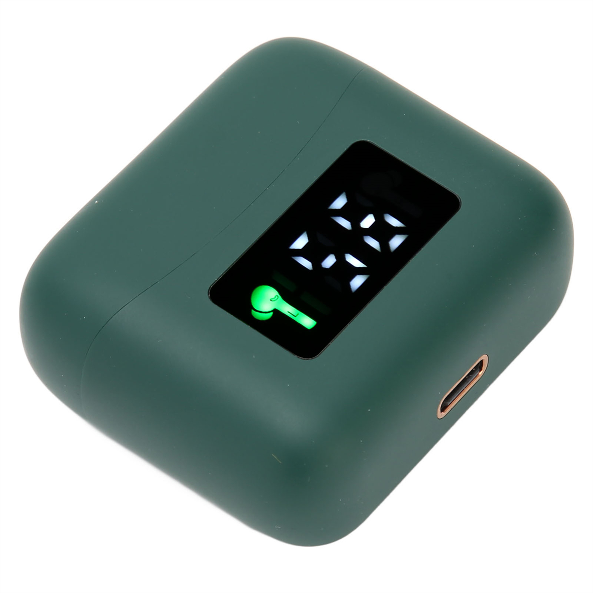 Grünes Ladecase mit digitaler Anzeige '65' und grünem Kopfhörersymbol. Ladeanschluss an der Seite sichtbar.