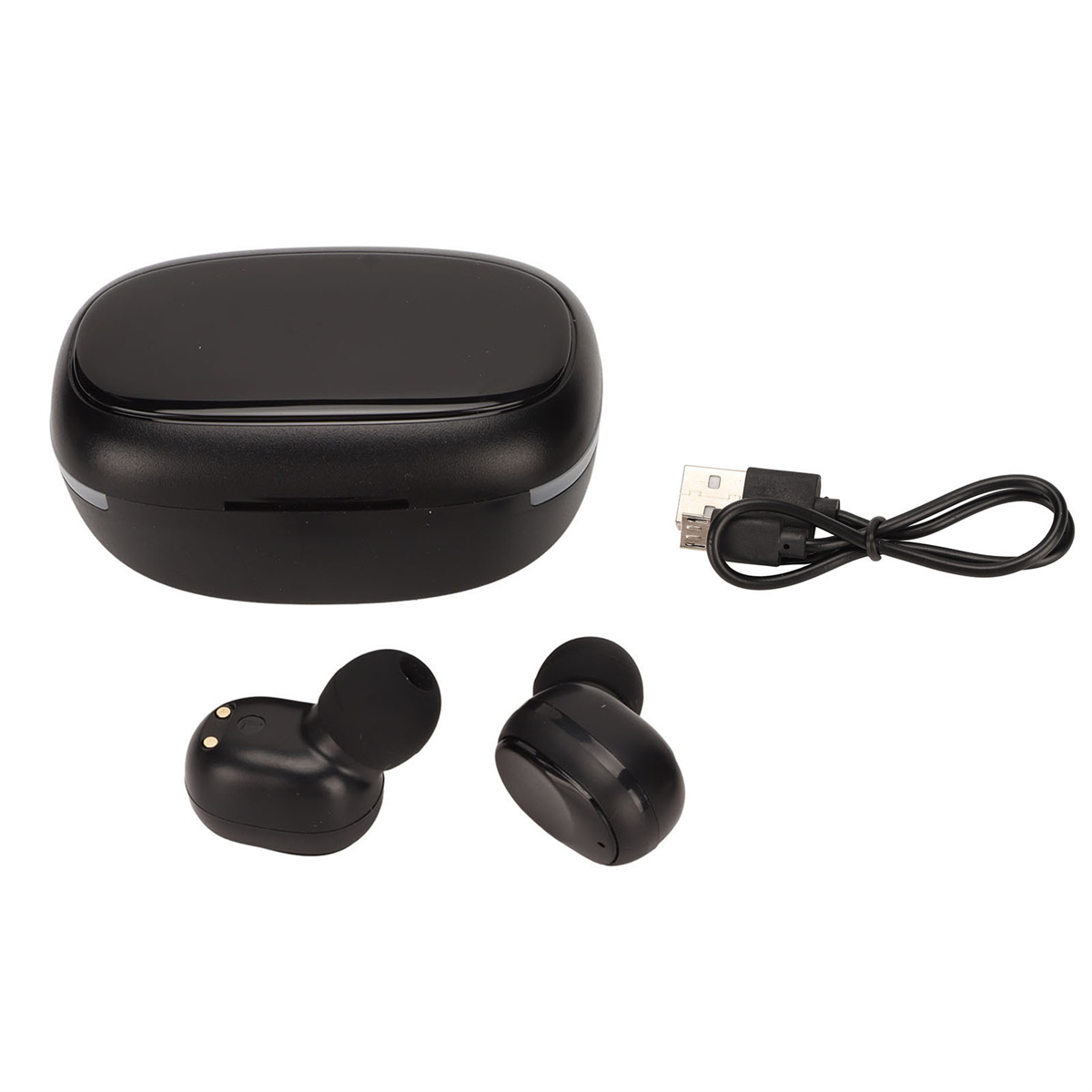 Schwarze kabellose Ohrhörer, Ladeetui und USB-Kabel. Die Ohrhörer befinden sich auf weißem Hintergrund.