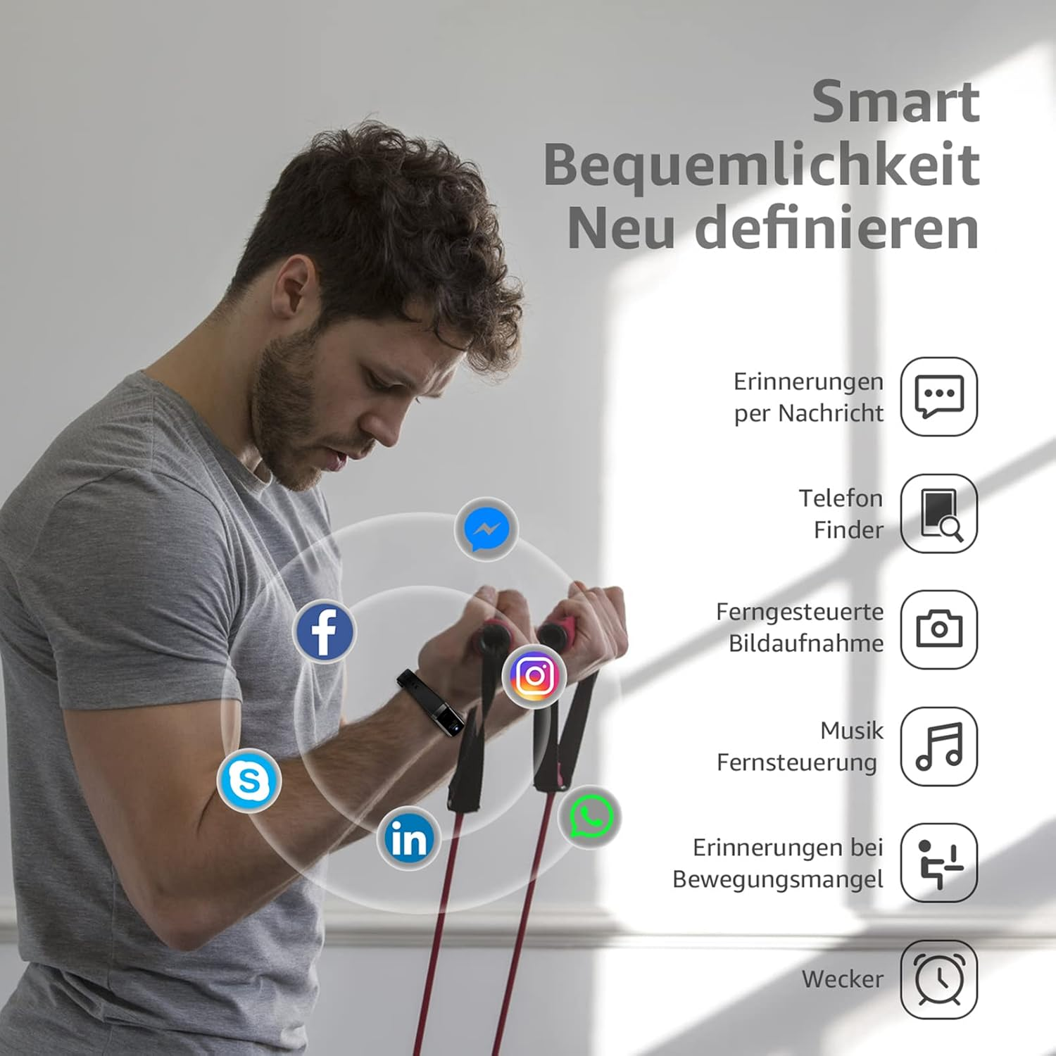 Ein Mann mit Smartwatch und Trainingsbändern, umgeben von Social-Media-Symbolen.