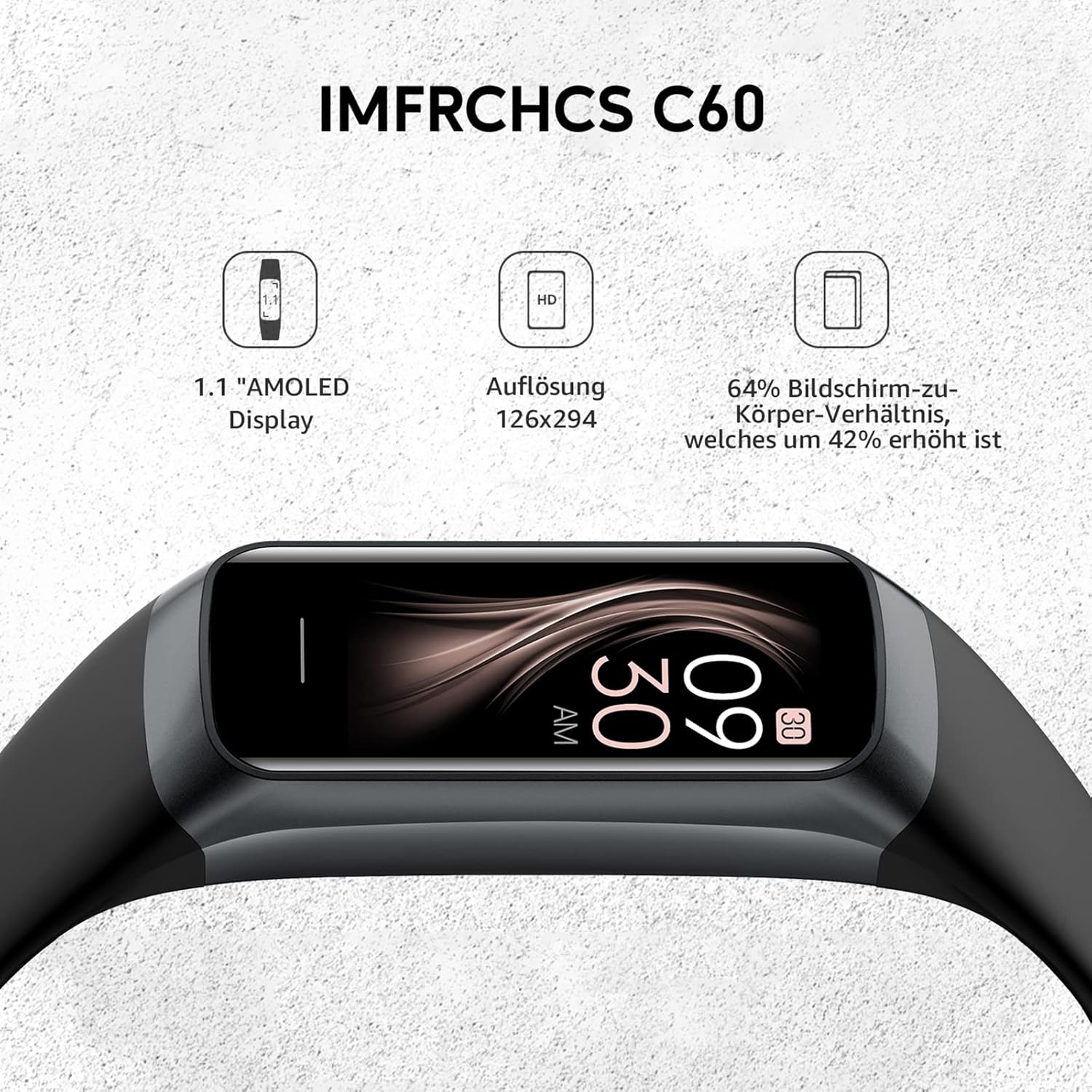 Ein schwarzer Fitnesstracker mit Display, das die Uhrzeit anzeigt, mit Text, der Funktionen und Details beschreibt.