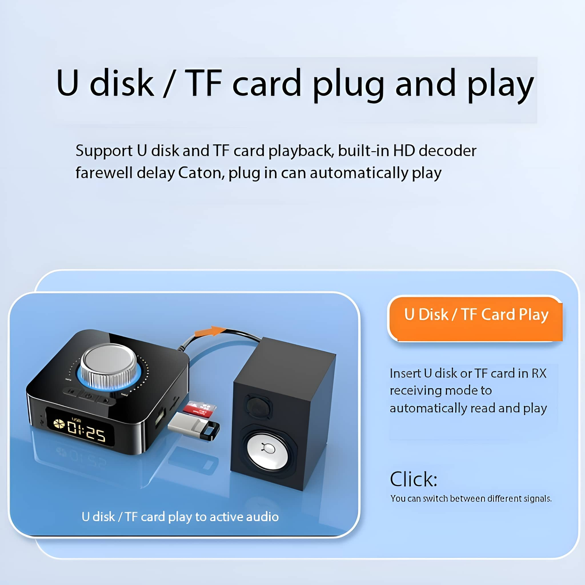 Schwarzes Audiogerät mit TF-Kartensteckplatz und ein schwarzer Lautsprecher daneben. Oben steht: 'U-Disk / TF-Karten-Plug and Play'.