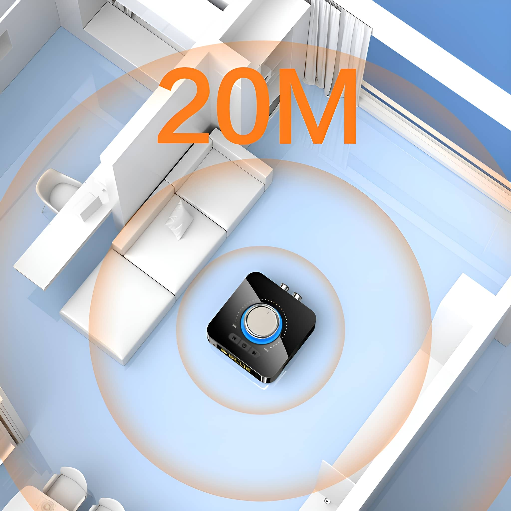 Ein schwarzer Lautsprecher in einem Raum mit blauen Wänden. Text zeigt 20 Meter Reichweite an.