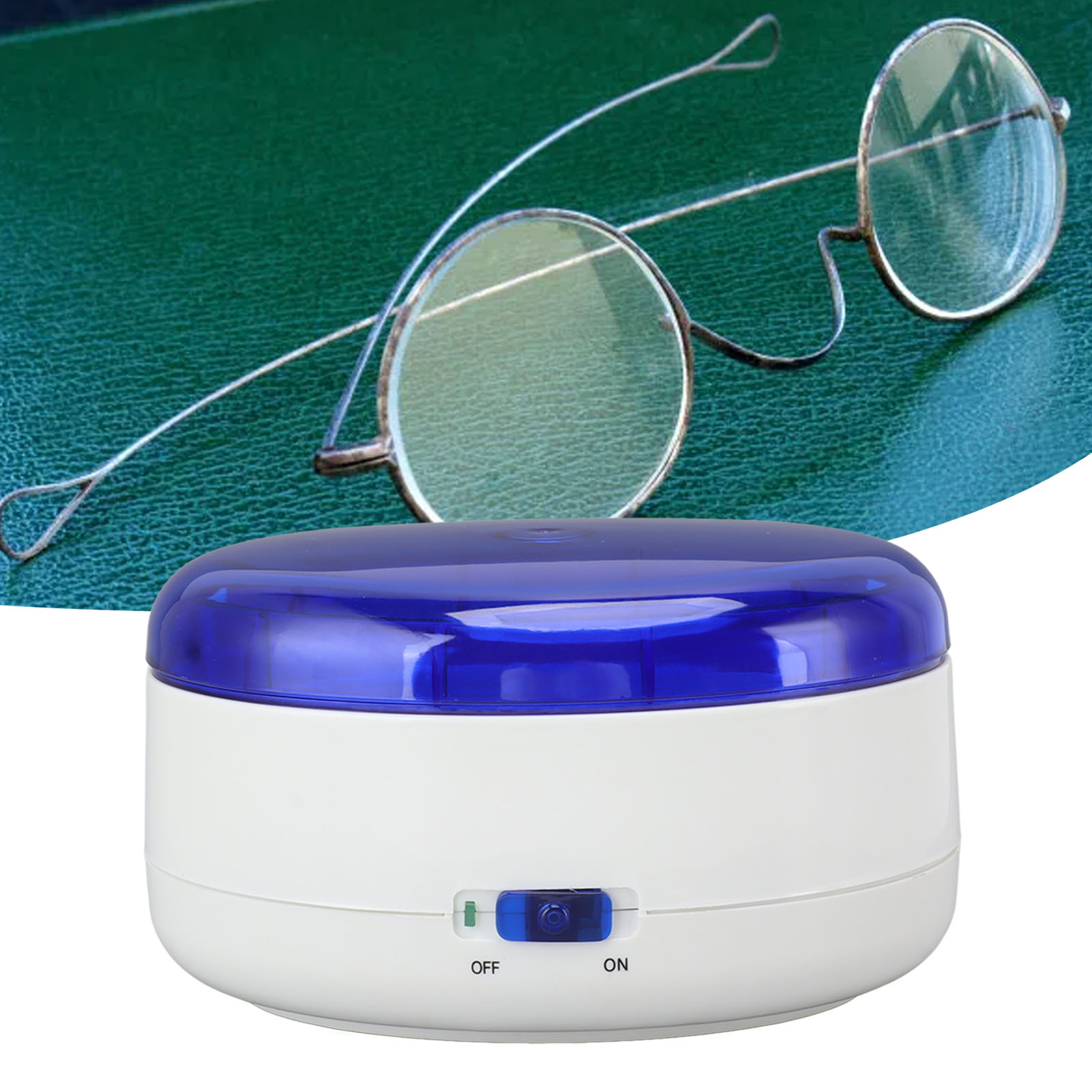 Brille und ein weiß-blauer Ultraschallreiniger mit dem 