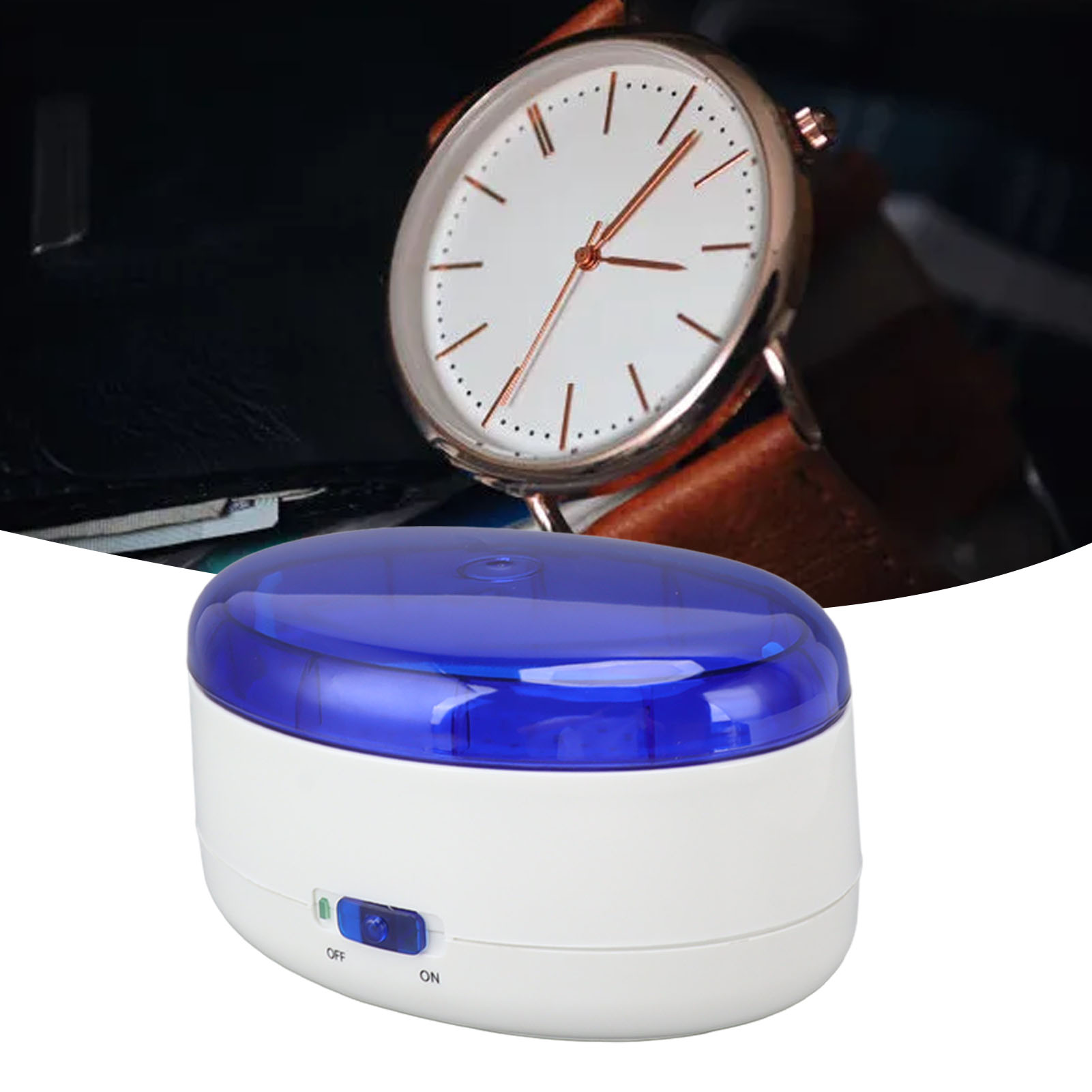 Blaues und weißes Reinigungsgerät mit Uhr oben. Die Uhr hat ein braunes Armband und ein weißes Zifferblatt.