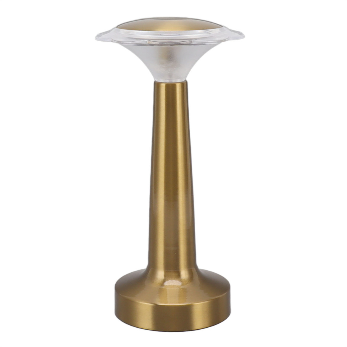 Goldfarbene Tischlampe mit durchsichtigem Oberteil und langem, schlankem Fuß.