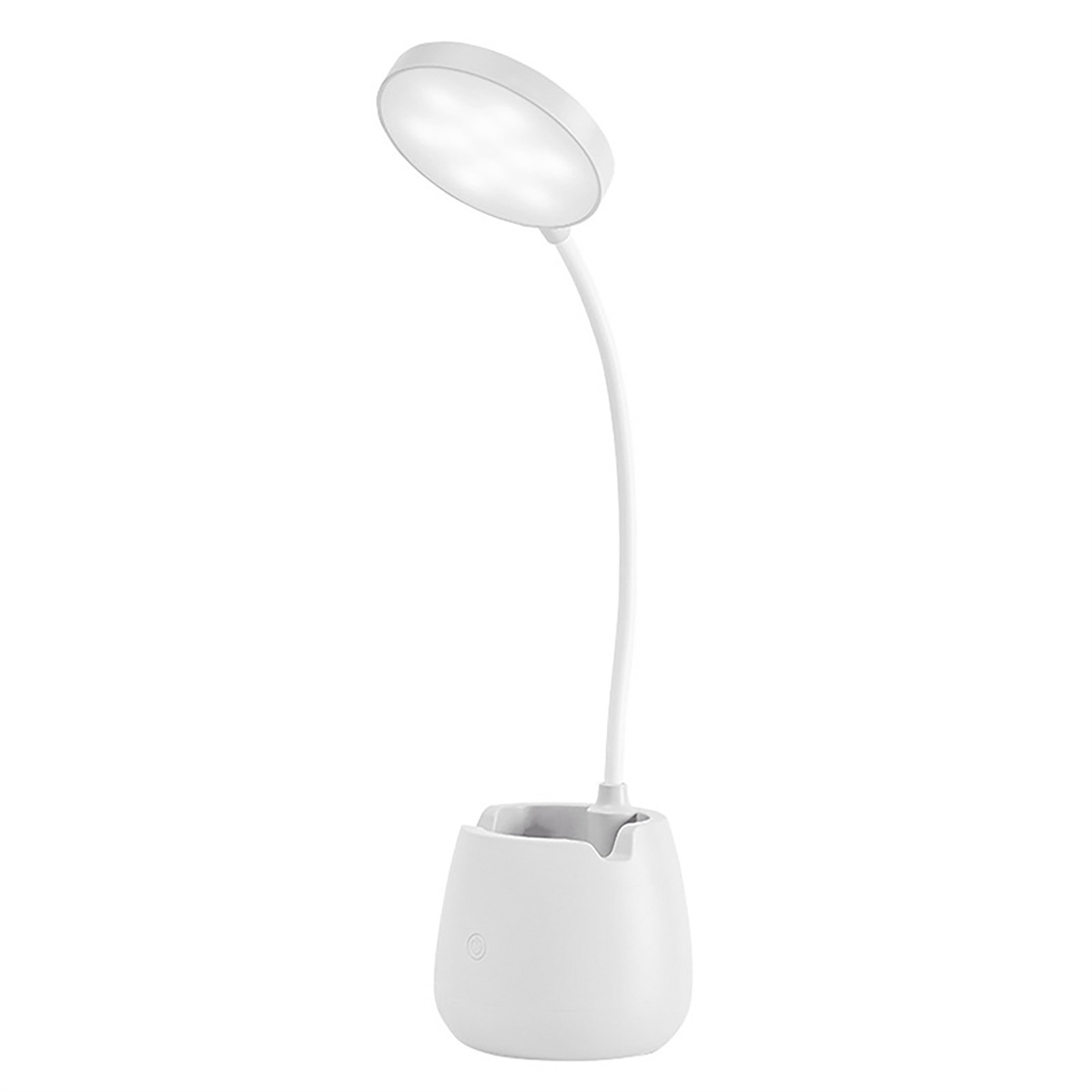 Eine weiße Schreibtischlampe mit gebogenem Hals, Lampenkopf und Stifthalterfuß.