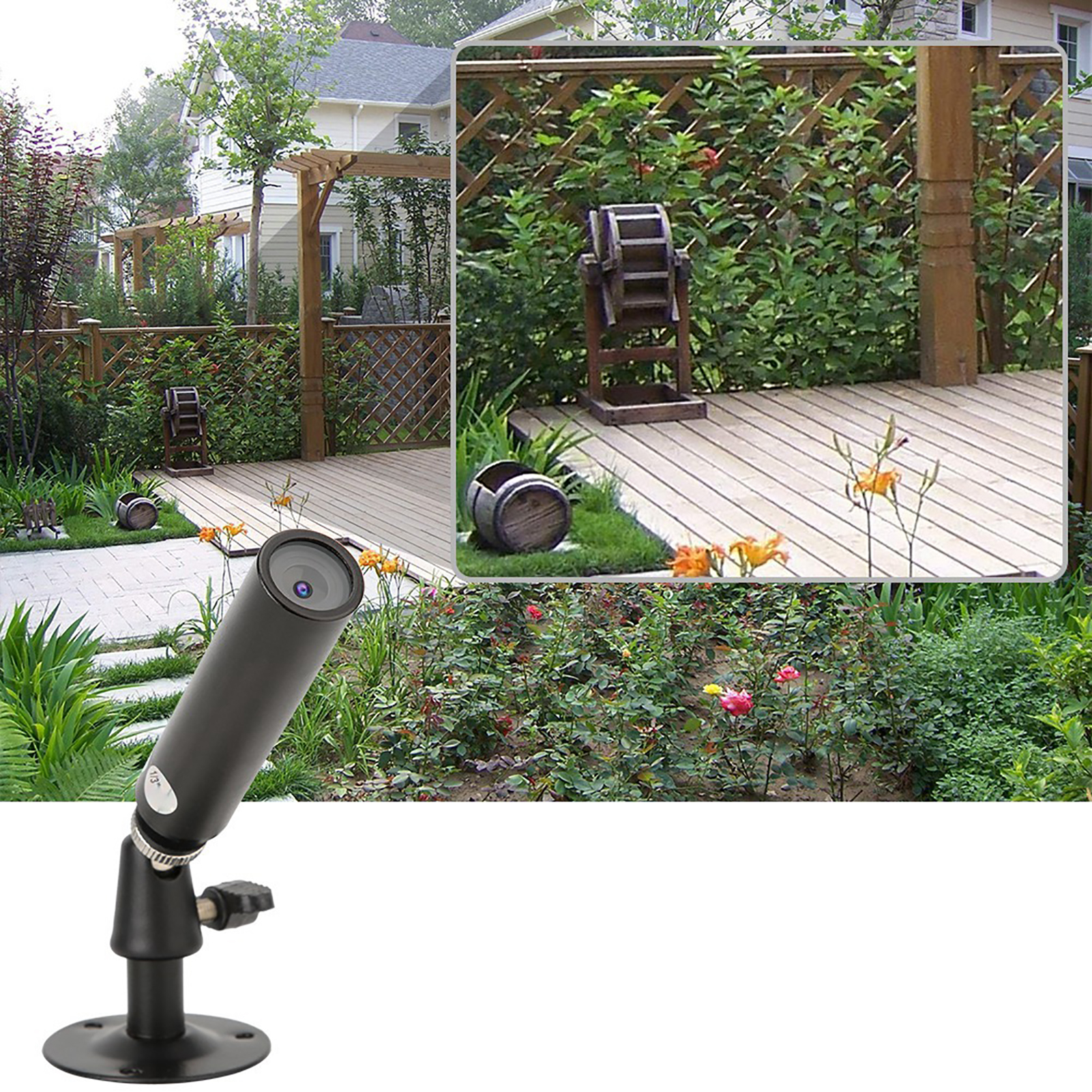 Garten mit Überwachungskamera auf Ständer, Holzzaun und grünen Pflanzen.