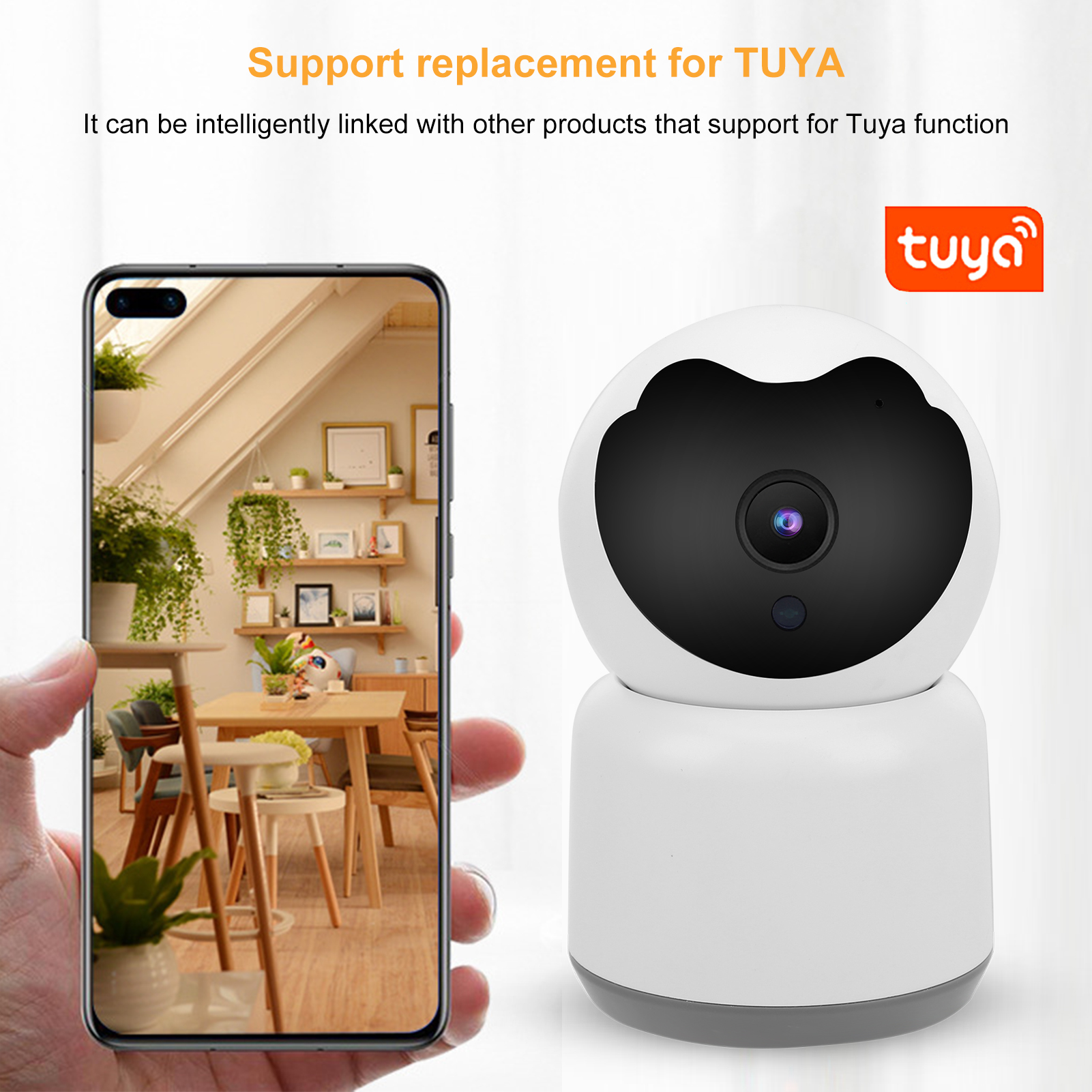 Eine weiße Überwachungskamera und ein Telefon, das einen Raum zeigt. Text: "Tuya."