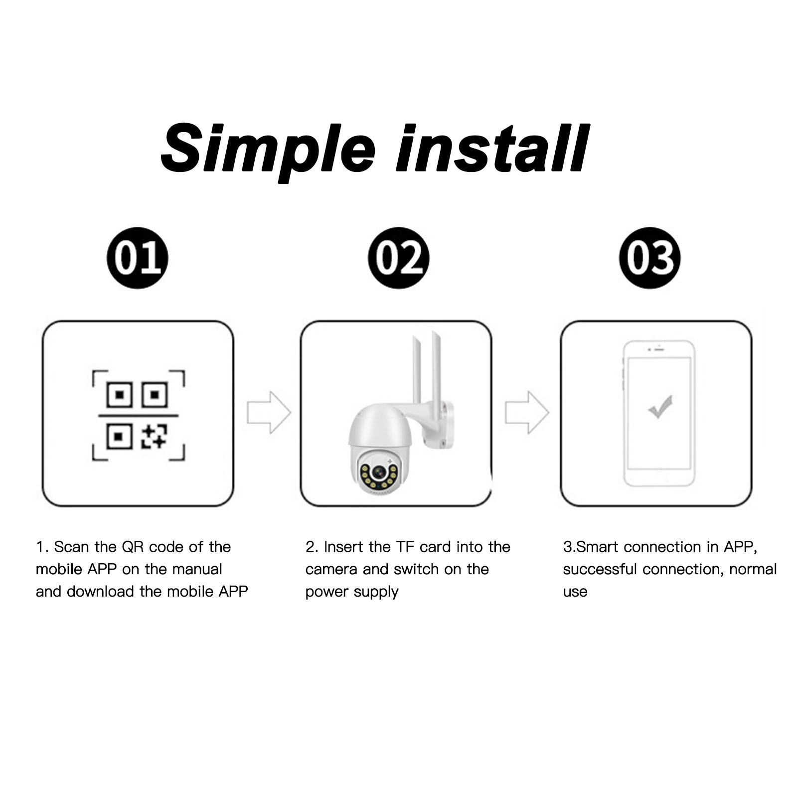 Anleitung zur Einrichtung einer intelligenten Sicherheitskamera mit QR-Code und App.