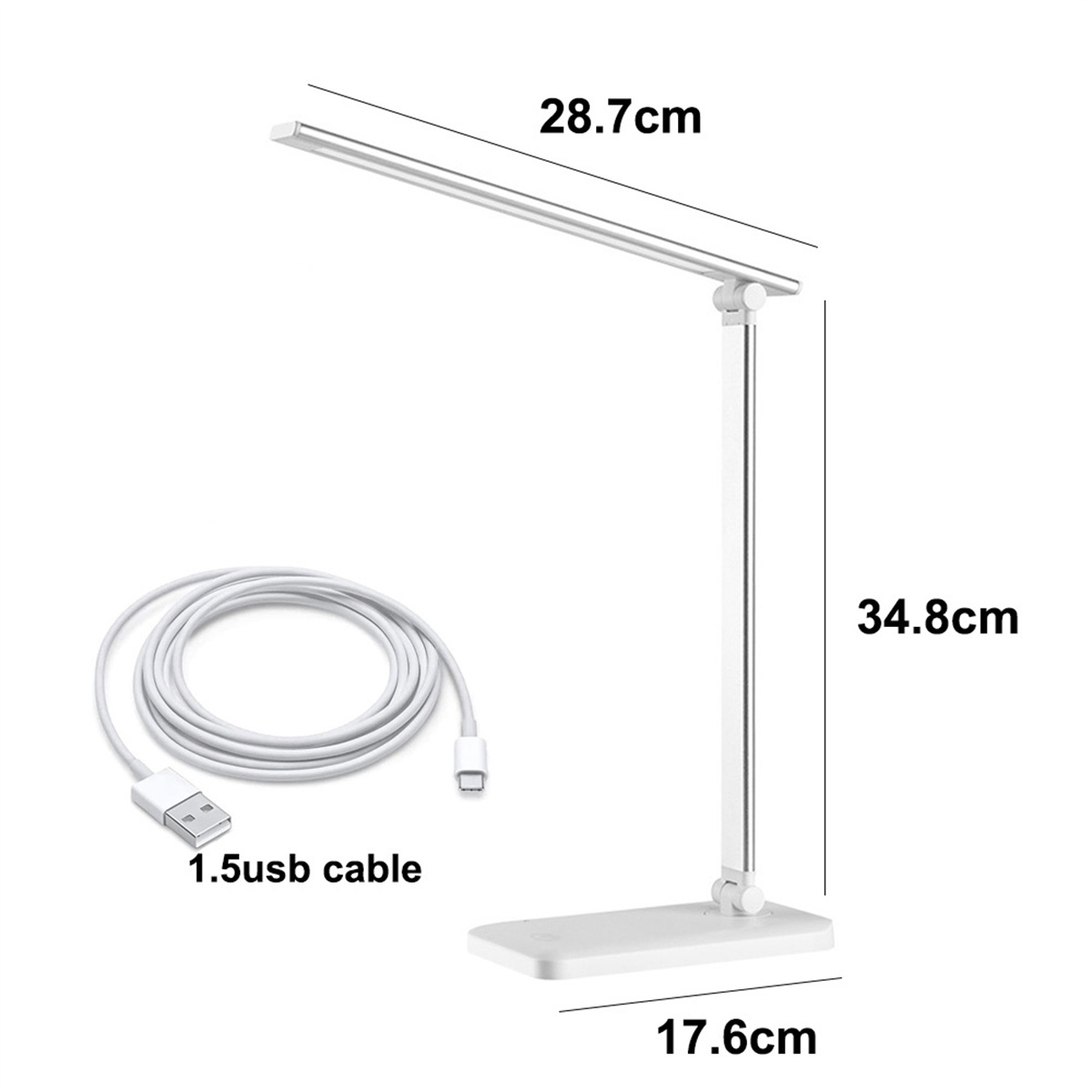 Eine weiße Schreibtischlampe mit Lichtleiste und Sockel, verbunden mit einem 1,5us USB-Kabel.