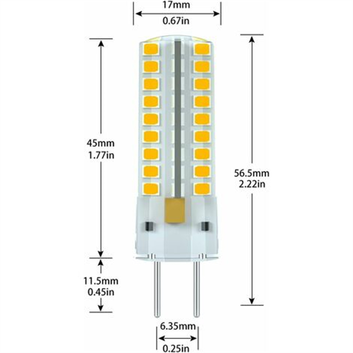 Eine kleine LED-Glühbirne mit Abmessungen und Maßen.