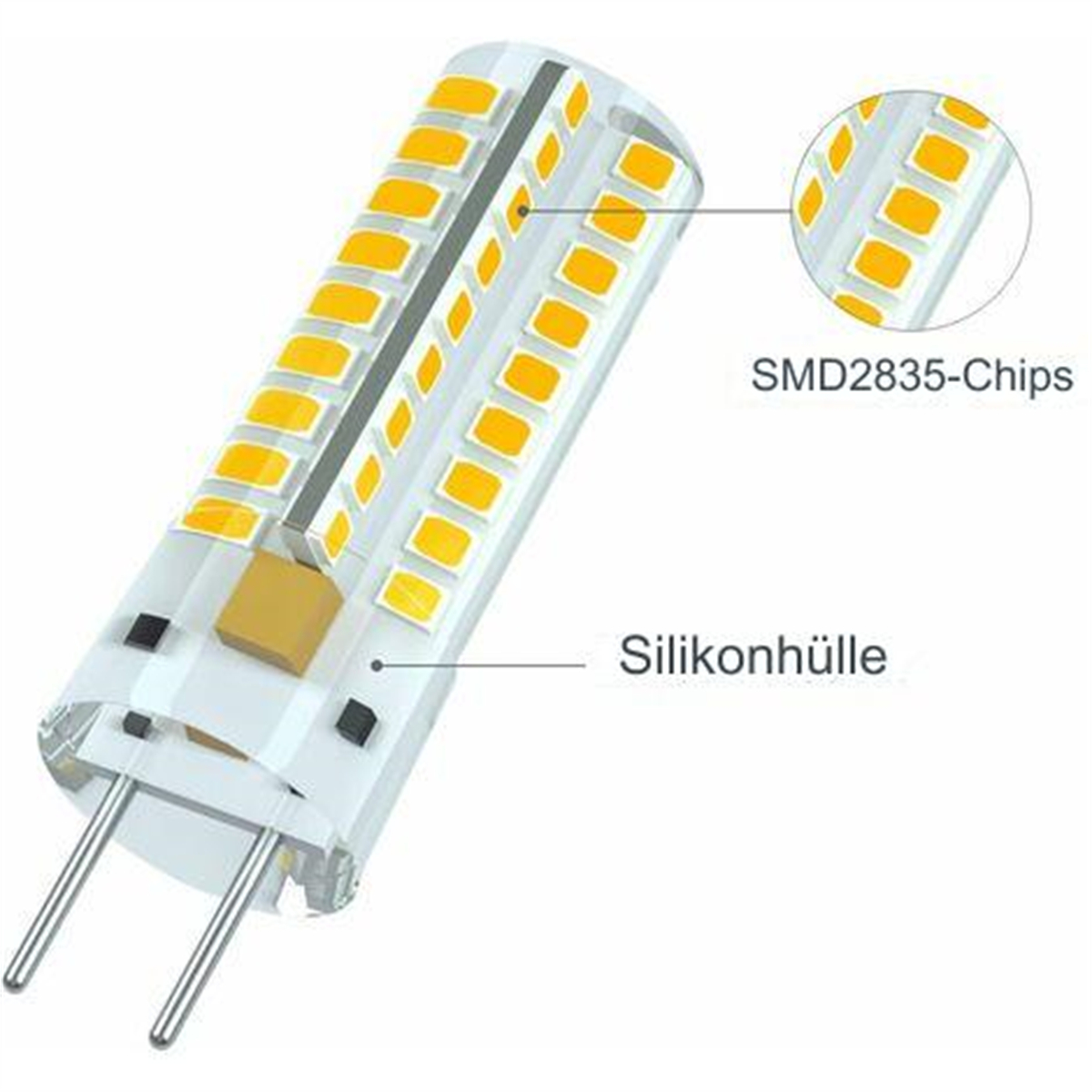 LED-Glühbirne mit gelben SMD2835-Chips und transparenter Silikonhülle. Detailansicht mit Beschriftungen.