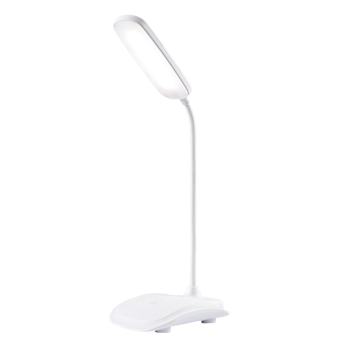 Weiße Schreibtischlampe. Weißer Sockel und ein langer, flexibler Hals mit hellem, rechteckigem Licht.