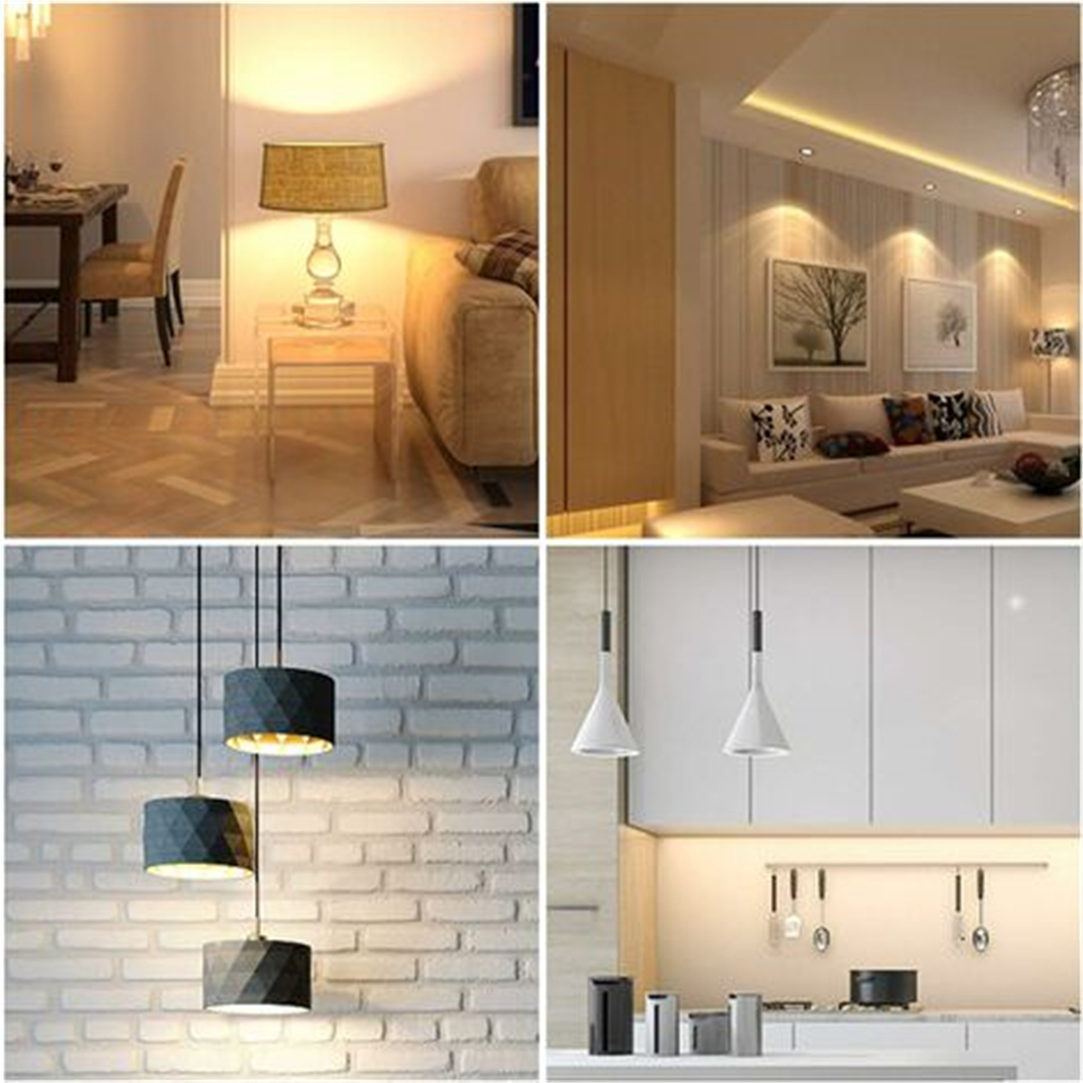 Eine Collage von Innenbeleuchtungsszenen: Tischlampe, Einbauleuchten, Pendelleuchten.