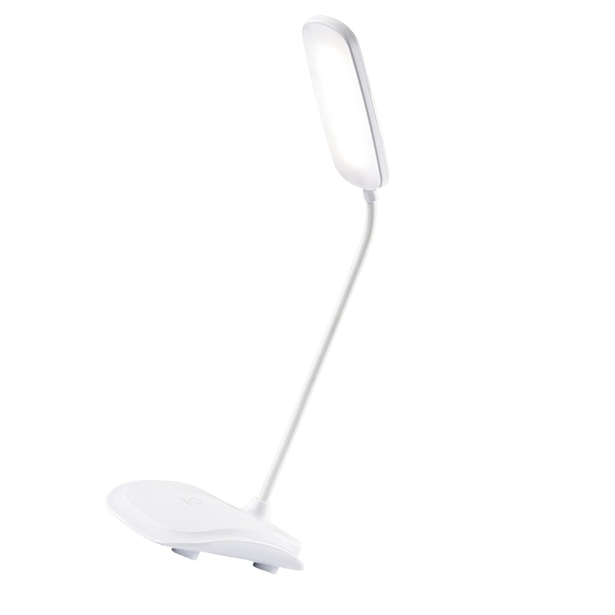 Eine weiße LED-Schreibtischlampe mit flexiblem Hals und rundem Fuß.