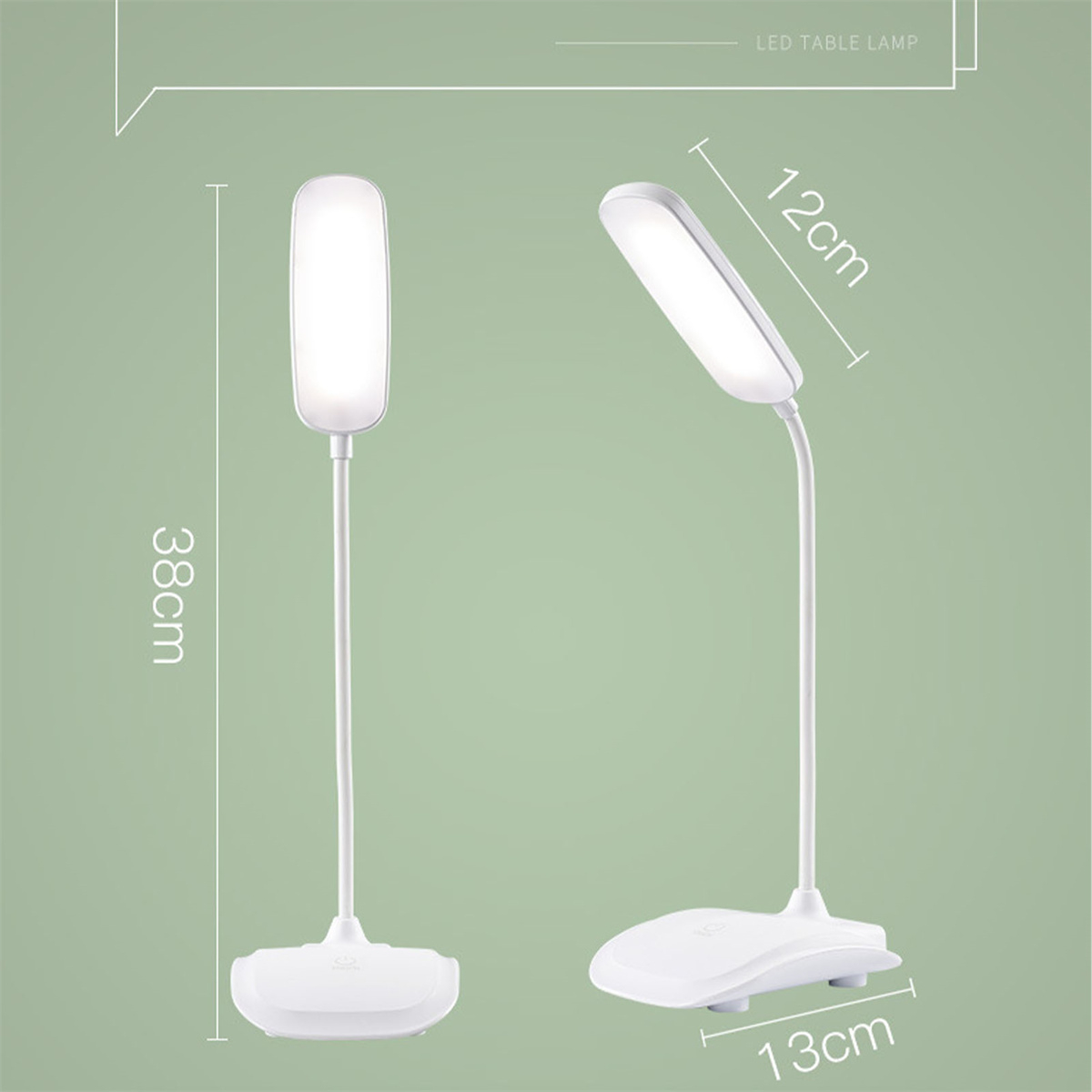 Zwei weiße LED-Tischlampen mit geschwungenem Design. Die Abmessungen sind angegeben. Die Lampe hat einen weißen Sockel.