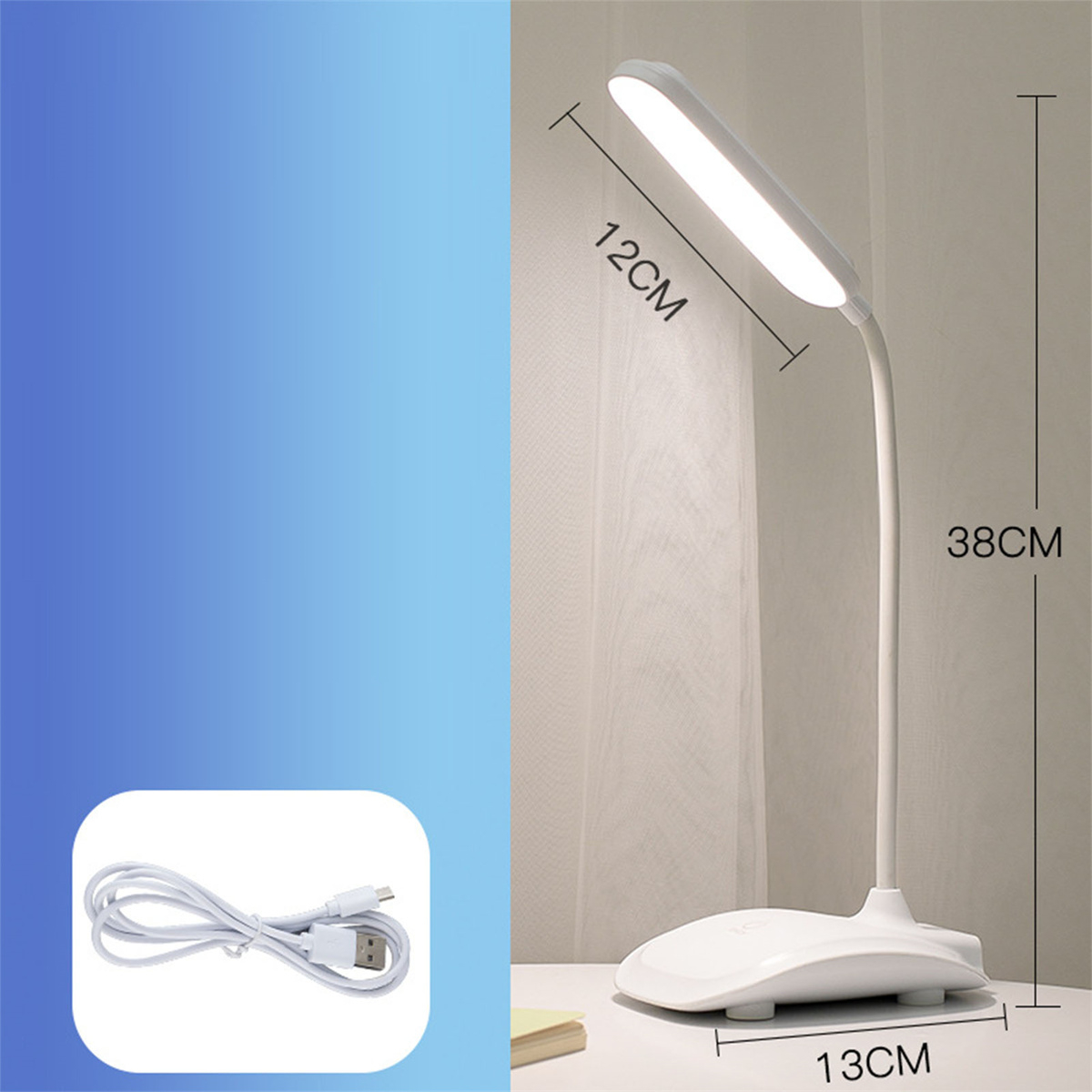 Eine weiße Schreibtischlampe mit langem, gebogenem Hals ist beleuchtet. Messungen werden angezeigt. Ein USB-Kabel ist sichtbar.