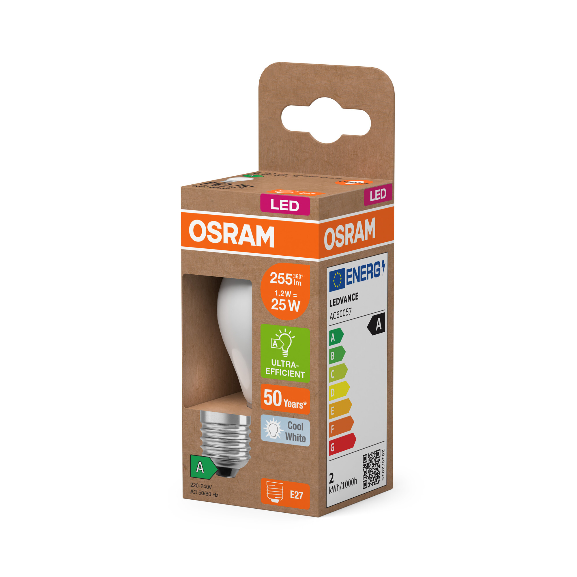 OSRAM LED-Lampe in ihrer Verpackung. Die Verpackung zeigt die Spezifikationen und Energieeffizienzdetails der Lampe.