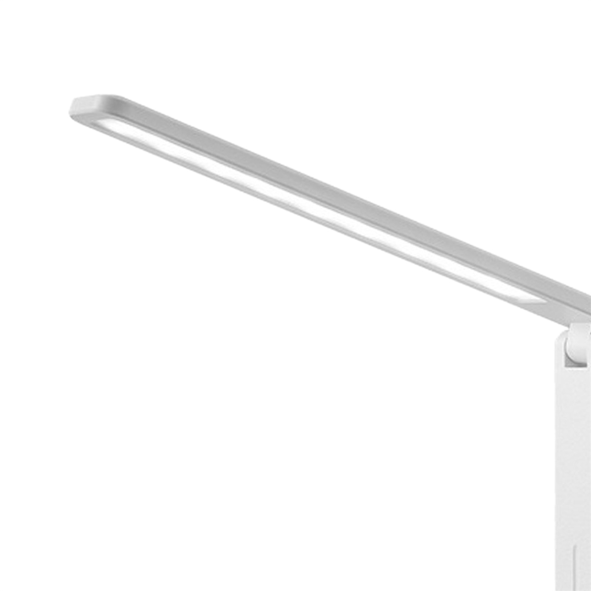 Weiße Schreibtischlampe mit einem einzelnen, hellen LED-Licht, das von oben emittiert.