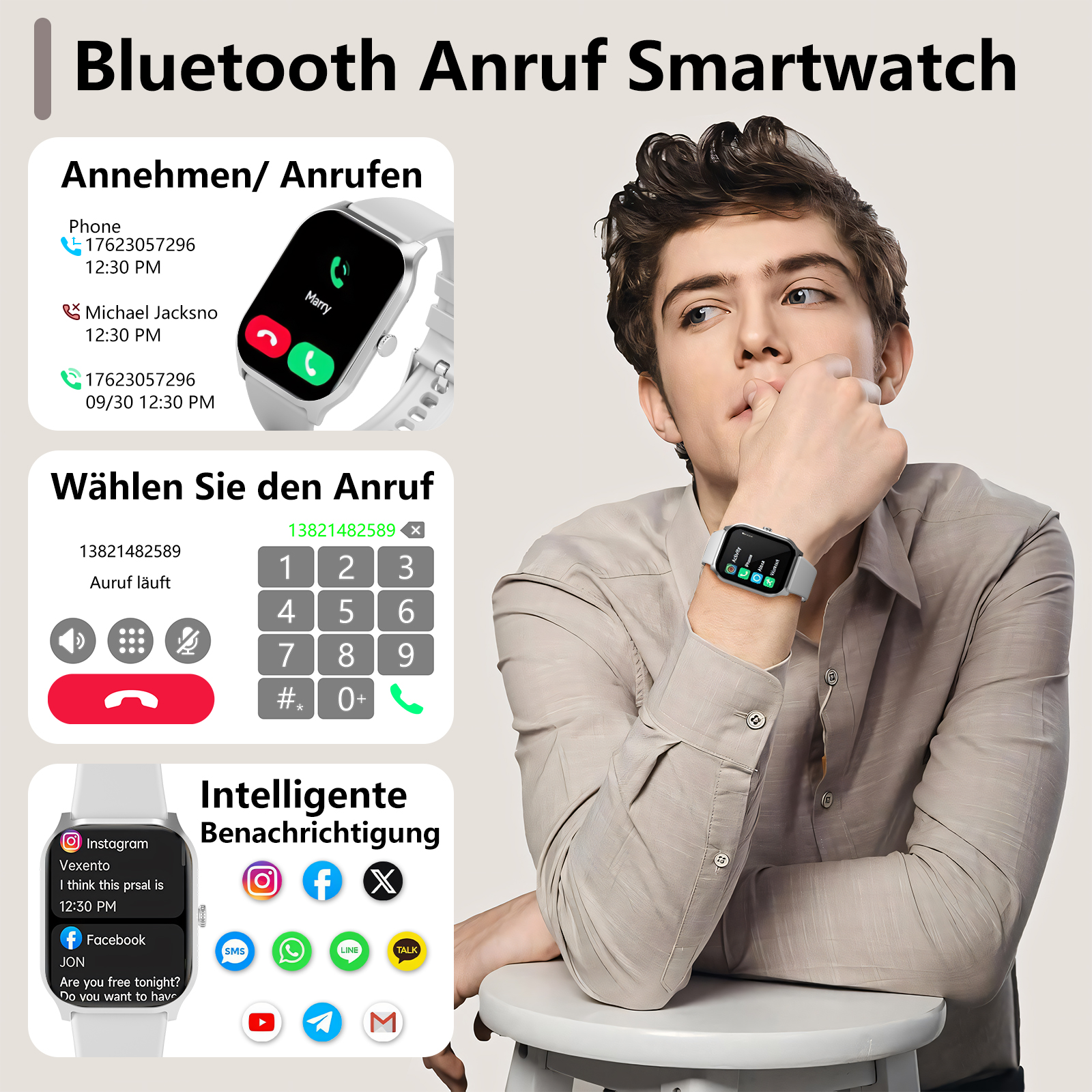 Ein Mann mit Smartwatch, Telefonoberfläche mit Anrufdetails und Social-Media-Symbolen.