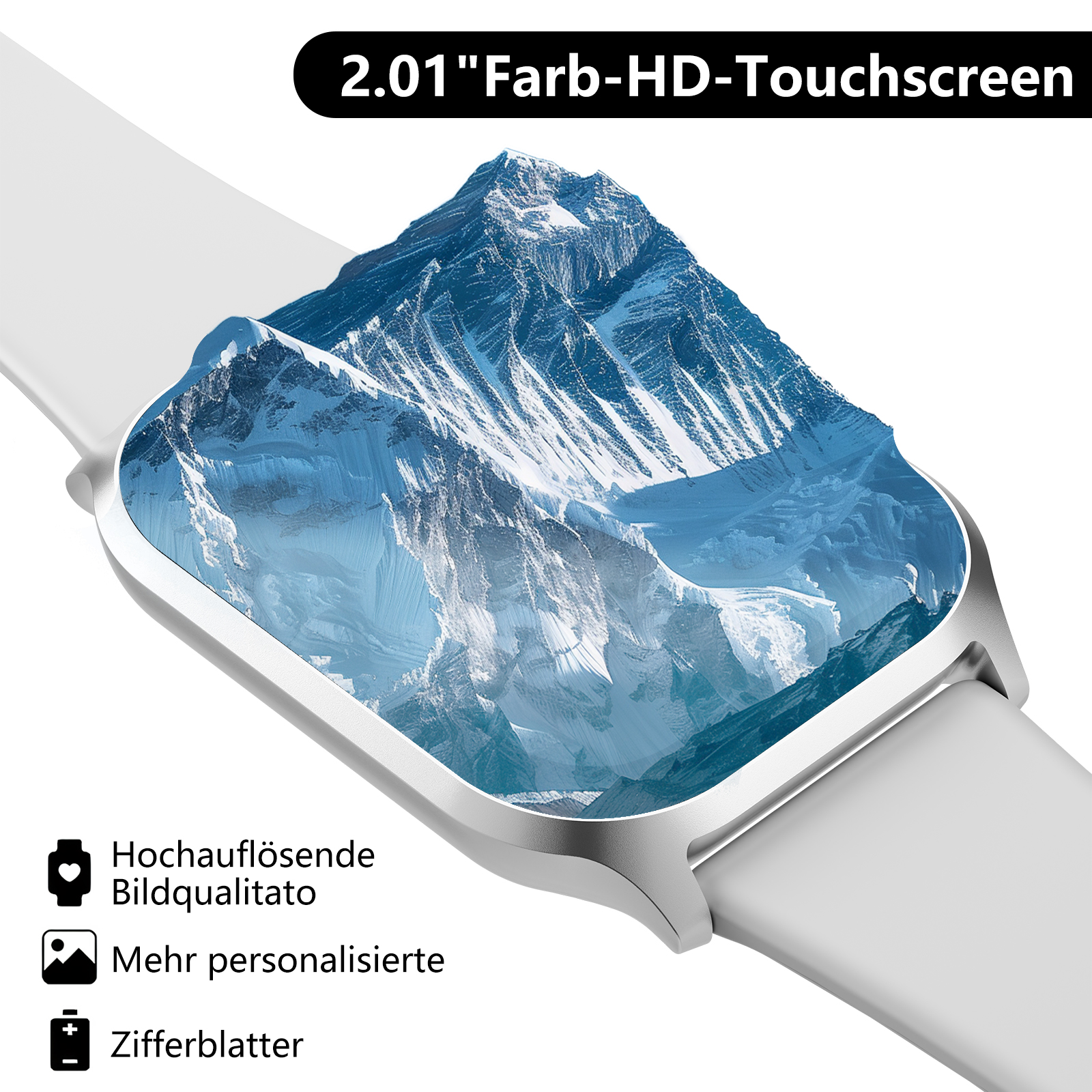 Smartwatch mit Berglandschaftsanzeige. Text unten: hochauflösende Bildqualität, personalisierte Zifferblätter.