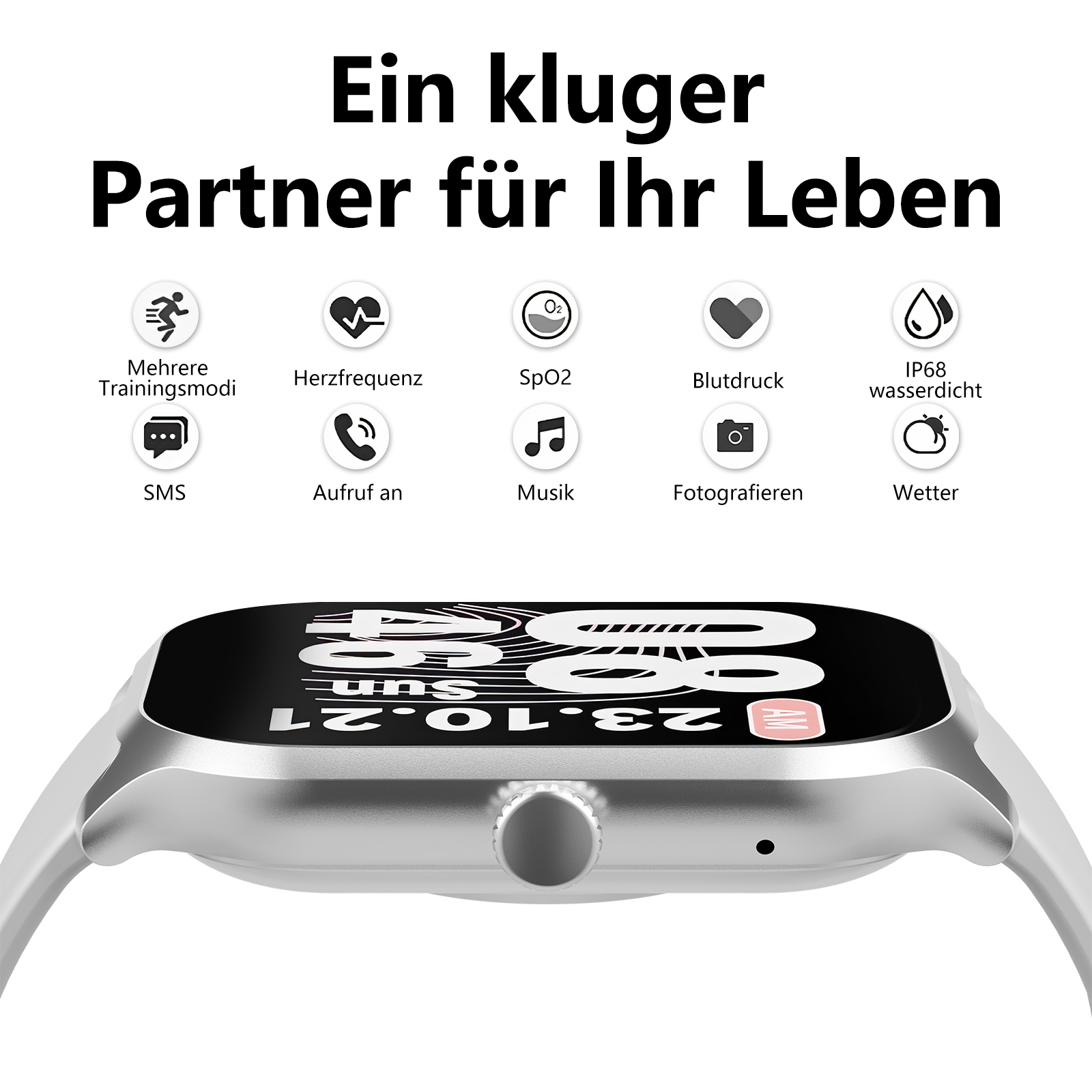 Eine Smartwatch mit weißem Armband, die Symbole für Gesundheits- und Kommunikationsfunktionen zeigt.