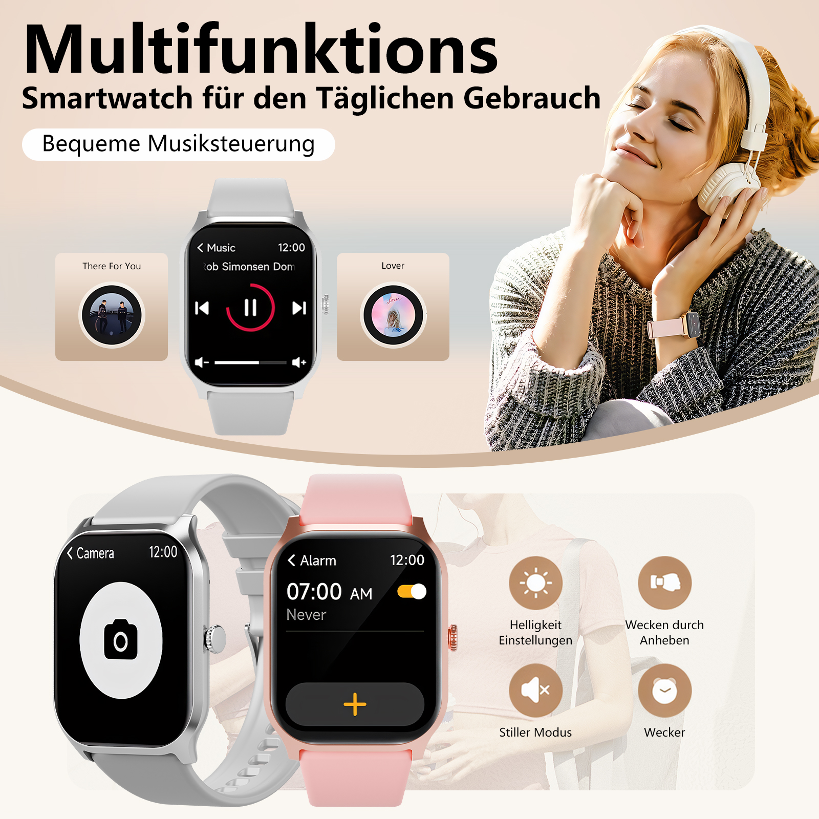 Smartwatch mit Musik- und Weckerfunktionen, zeigt mehrere Bildschirme.