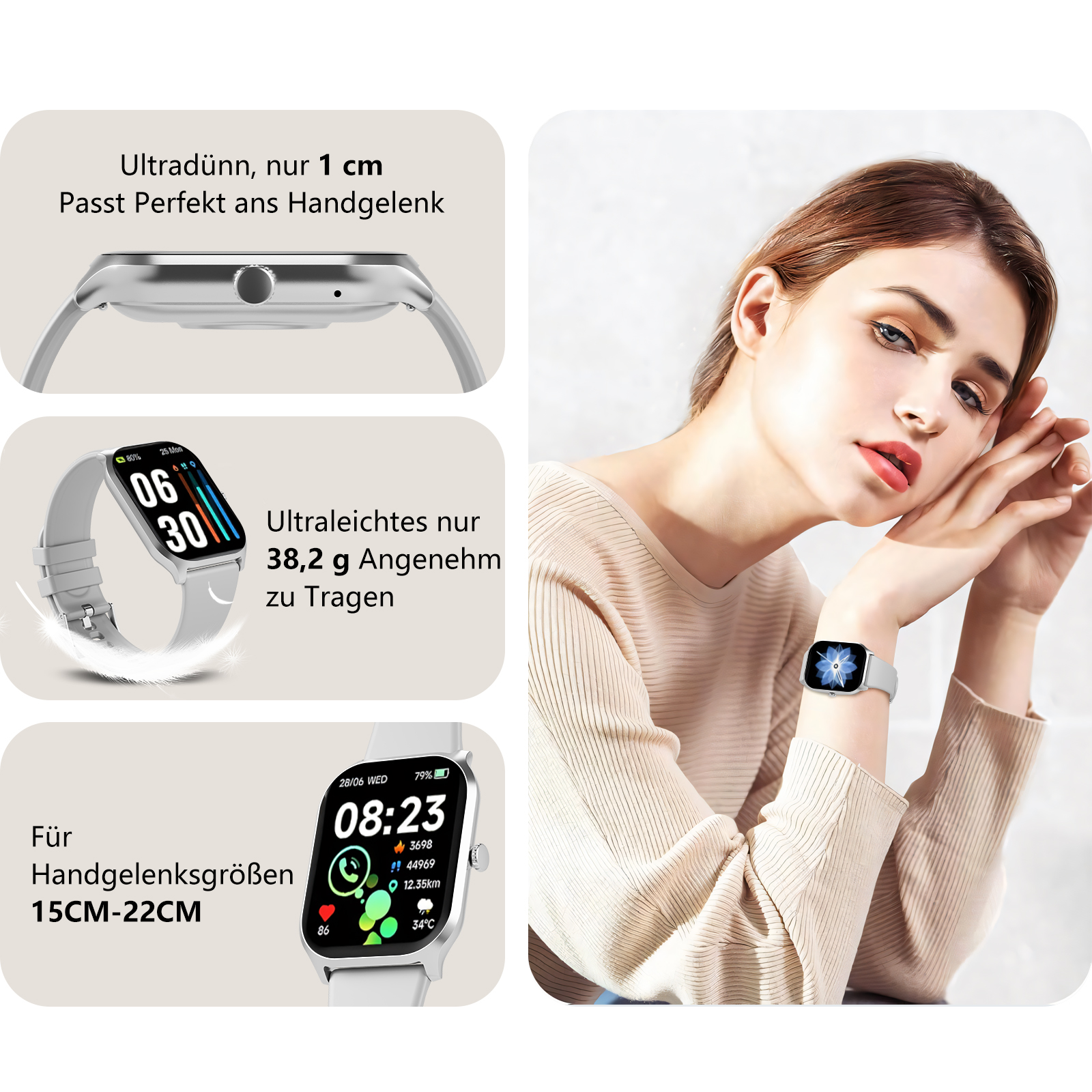 Eine Frau mit Smartwatch am Handgelenk, neben Bildern der Uhr und ihrer Funktionen.