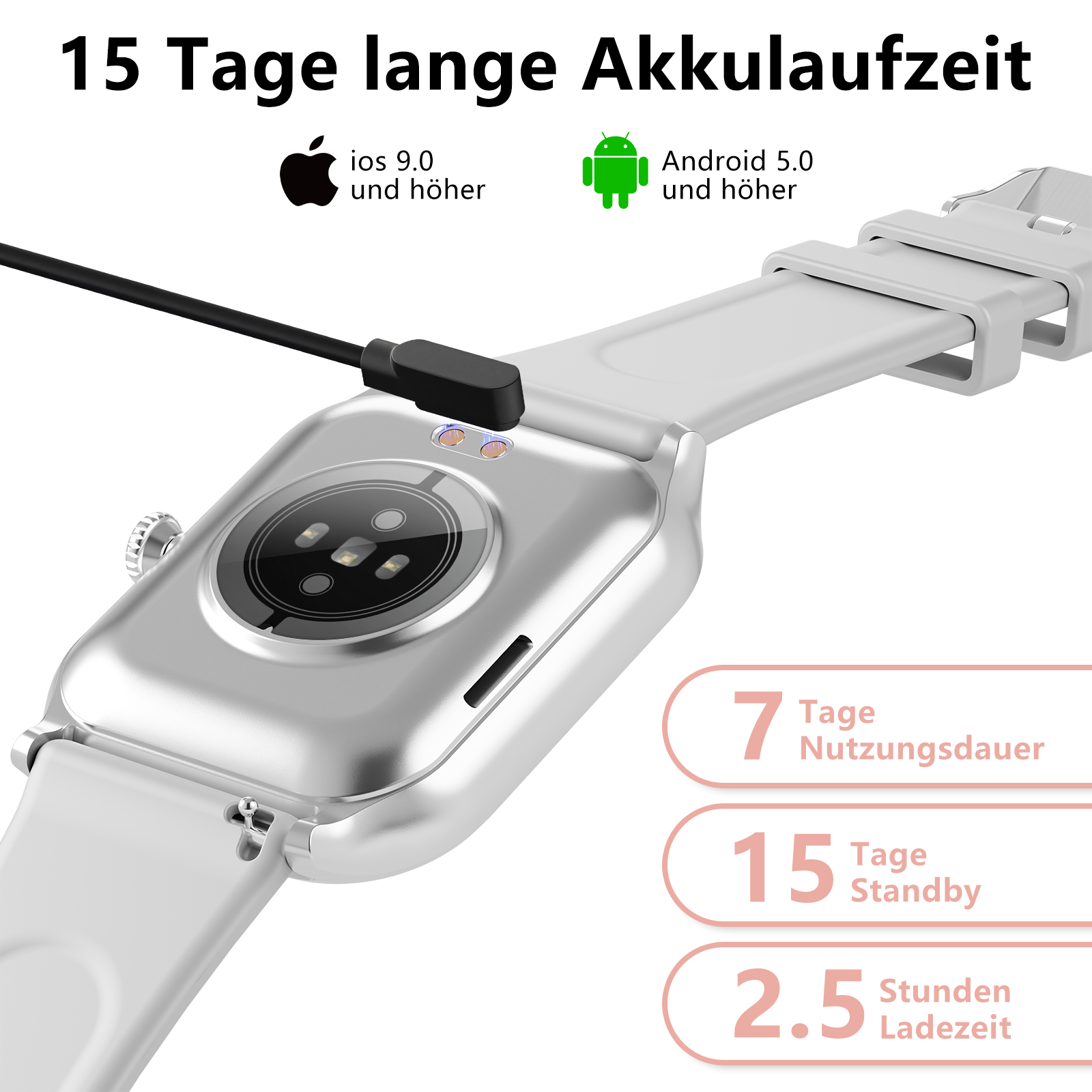 Silberne Smartwatch-Rückseite mit Ladeanschluss. Text zeigt 15 Tage Standby. Weißer Hintergrund.
