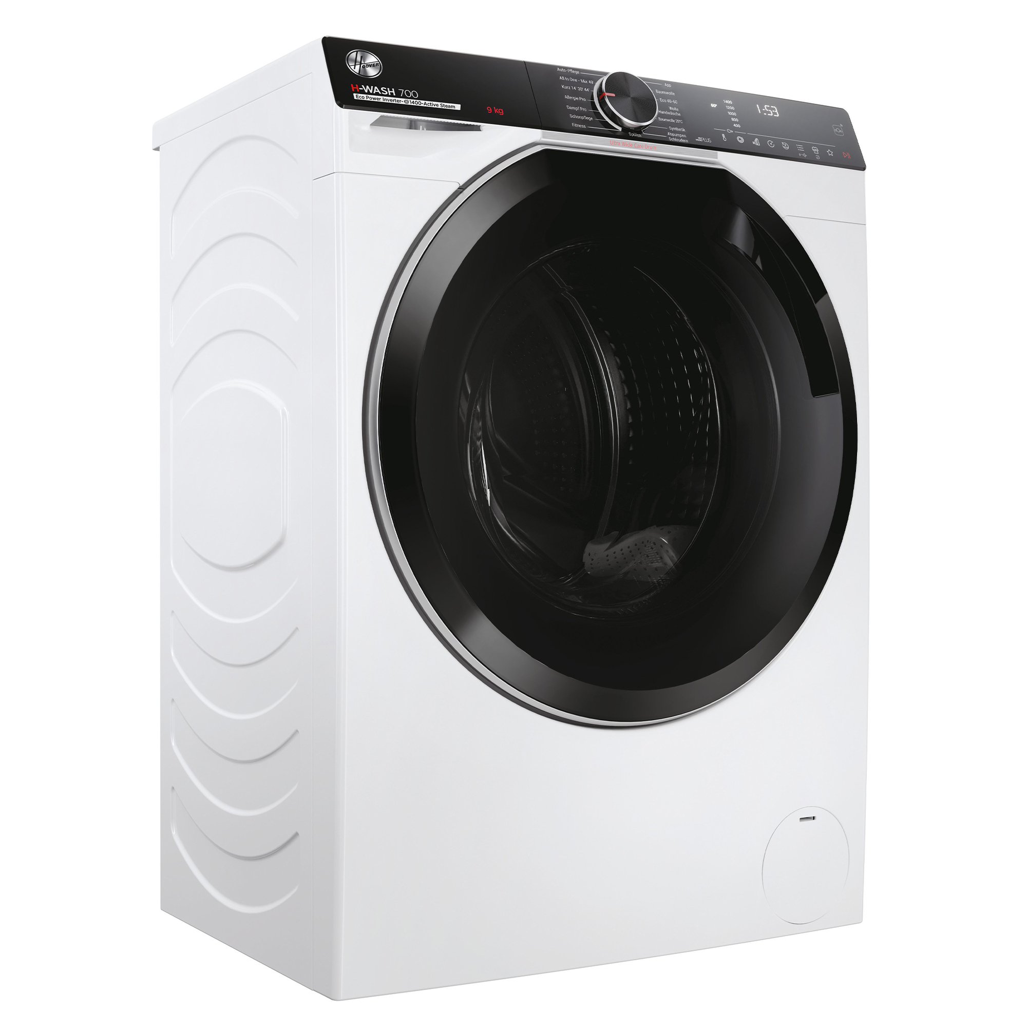 Weiße Waschmaschine mit schwarzer Tür und Bedienfeld. Verfügt über ein kreisförmiges Design und den Markennamen 'Hoover'.