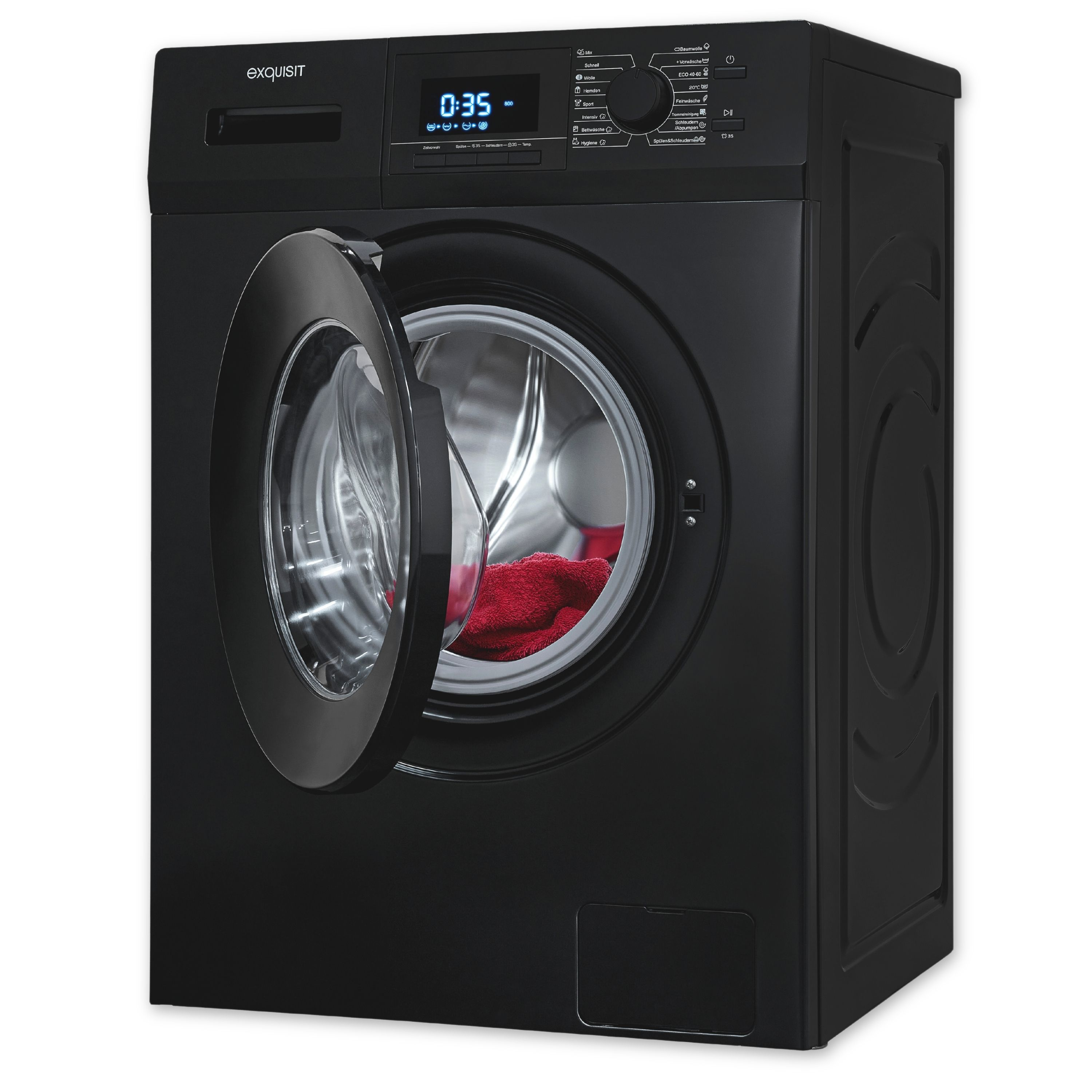 Eine schwarze Waschmaschine mit offener Tür. Im Inneren befindet sich ein rotes Kleidungsstück.